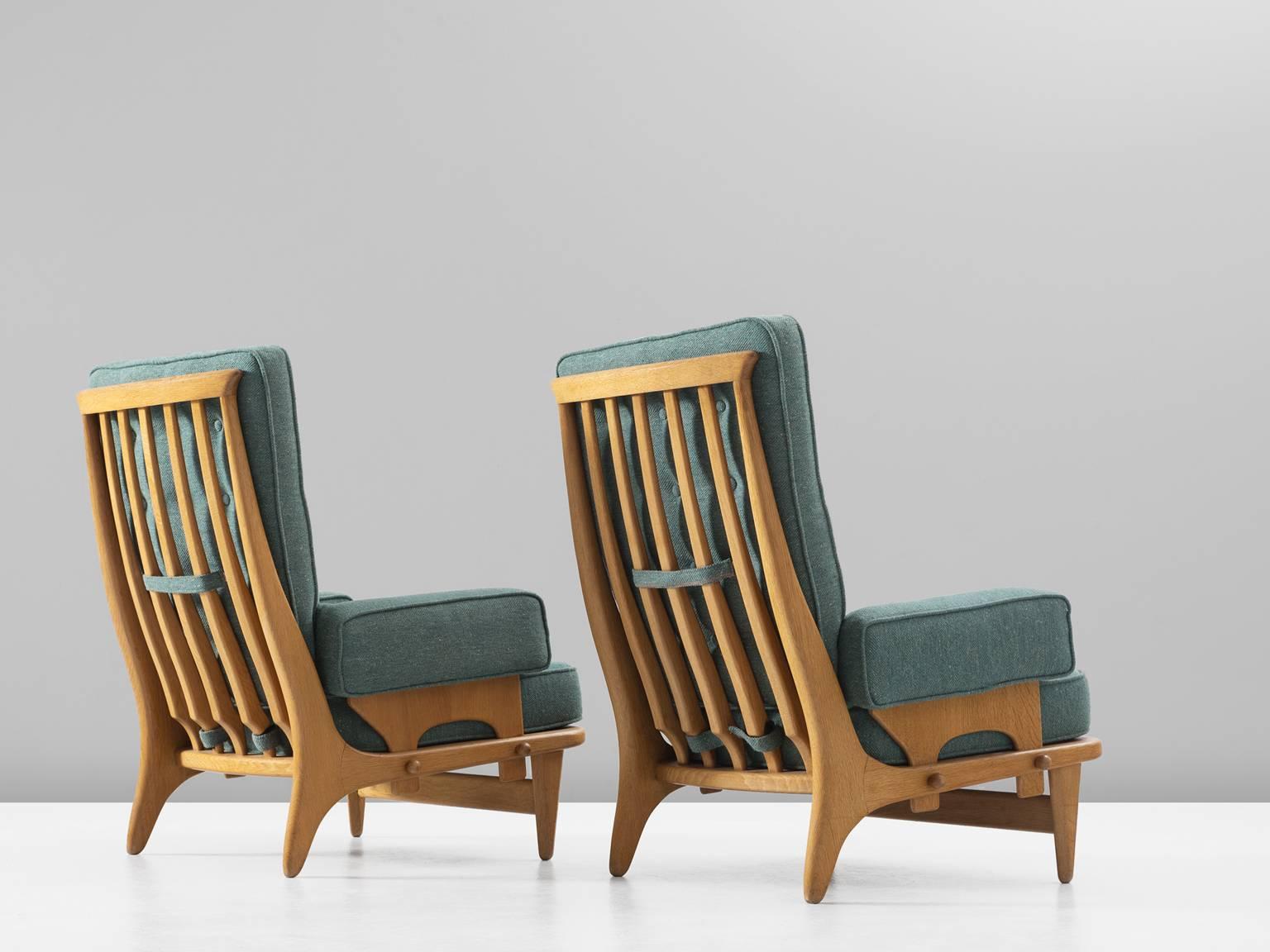 French Guillerme & Chambron Set of Two High Back Lounge Chairs in Oak