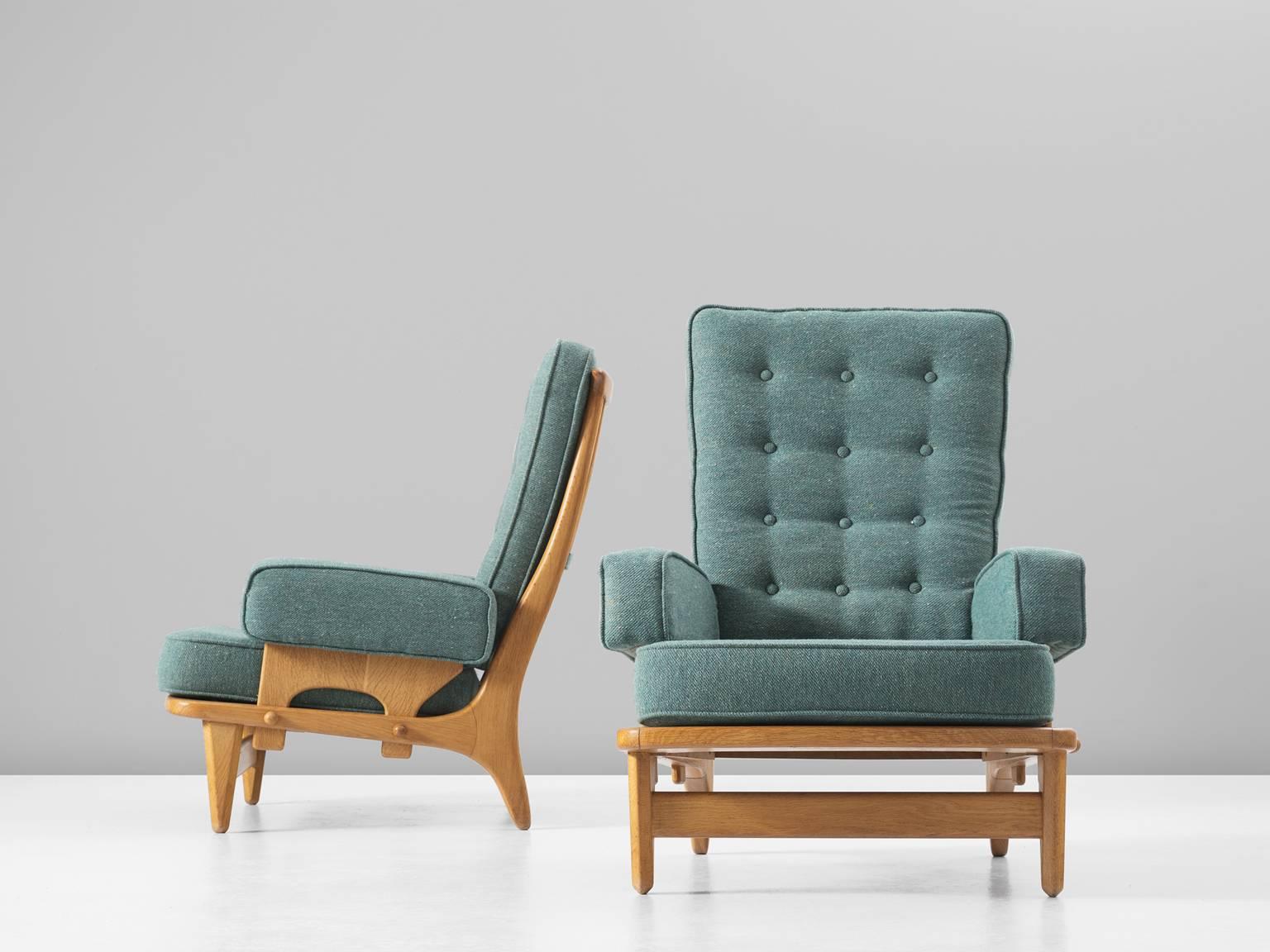 Mid-Century Modern Guillerme & Chambron Set of Two High Back Lounge Chairs in Oak