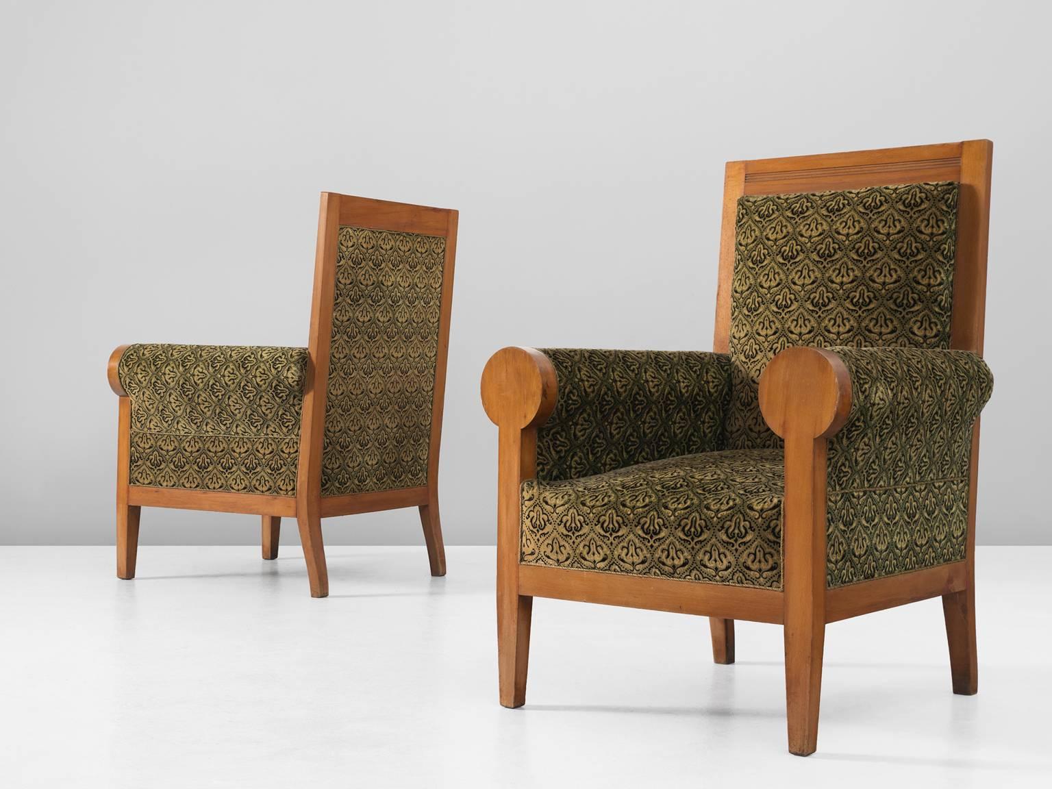 Mid-Century Modern Pair of Italian High Back Armchairs in Green Fabric Upholstery