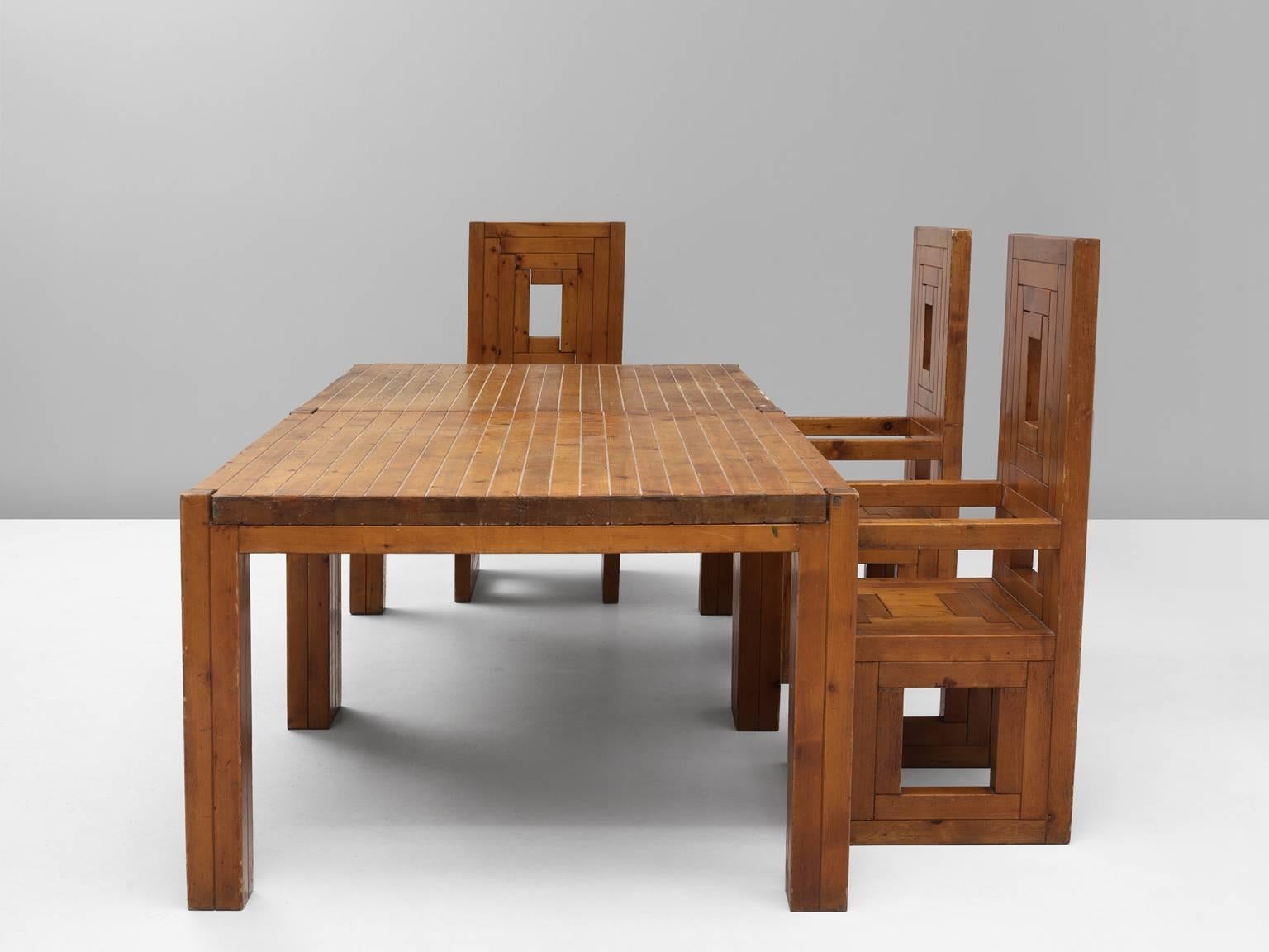 Set of Two Italian Dining Tables in Patinated Pinewood 3