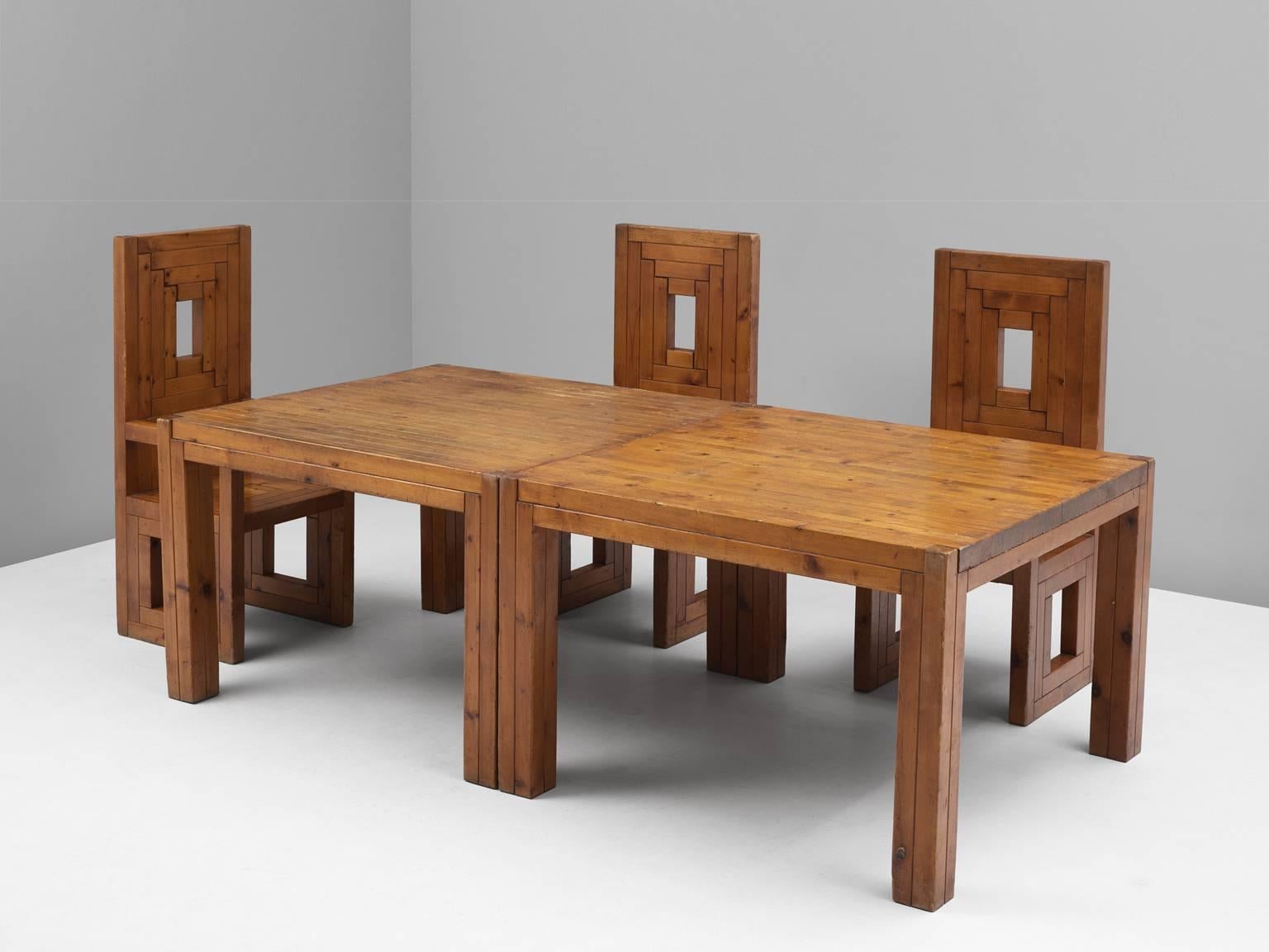 Set of Two Italian Dining Tables in Patinated Pinewood 2