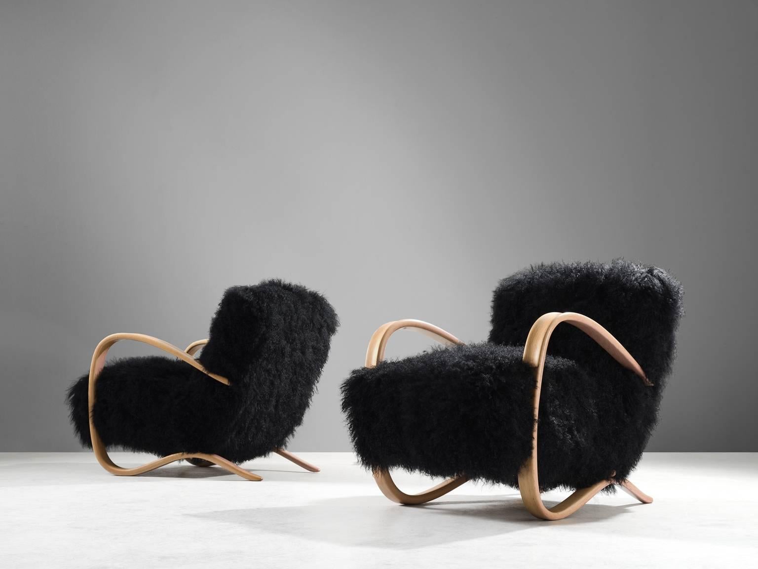 Modern Jindrich Halabala Reupholstered Lounge Chairs in Exclusive Tibetan Wool