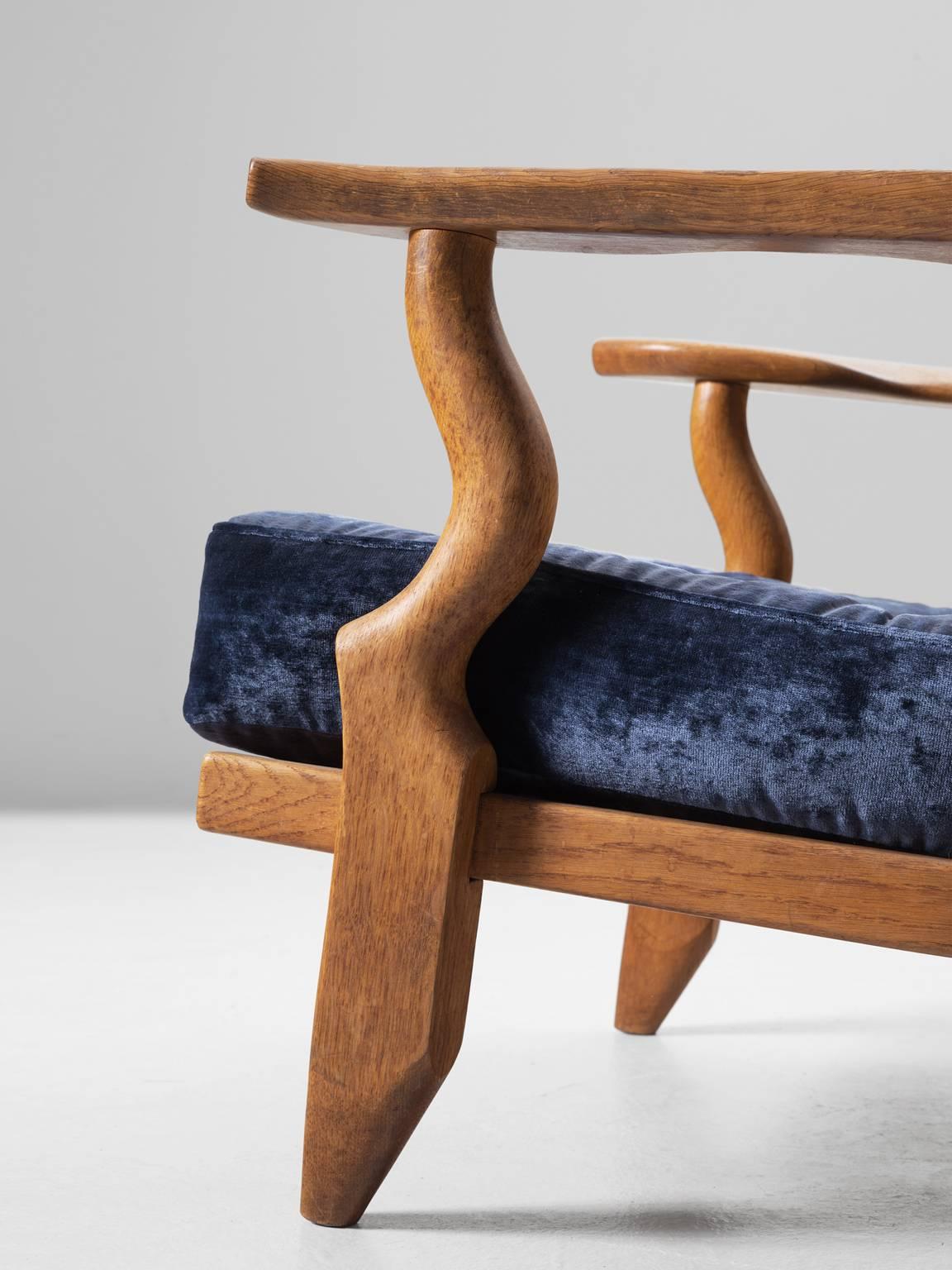 Oak Guillerme & Chambron High Back Lounge Chair with Blue Velvet Upholstery
