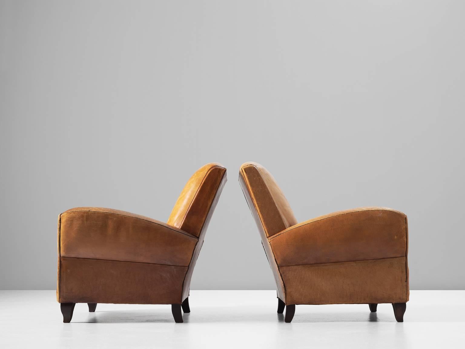 Mid-20th Century Set of Two Art Deco Club Chairs with Patinated Leather