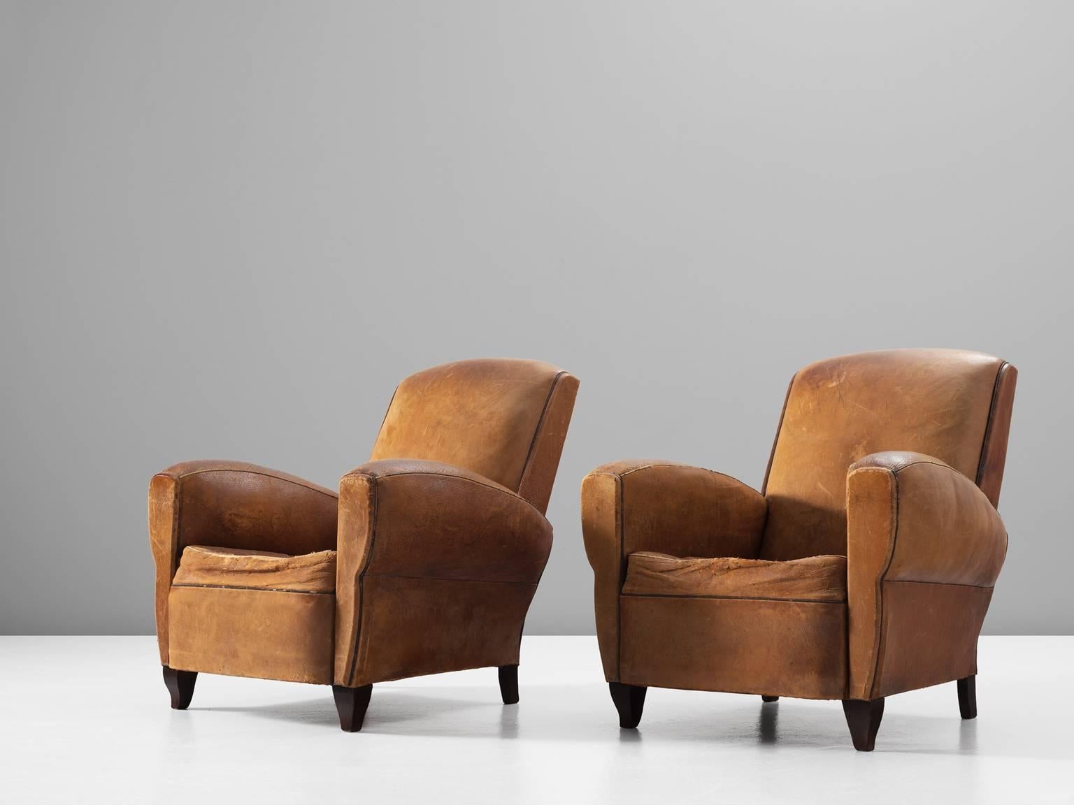 French Set of Two Art Deco Club Chairs with Patinated Leather