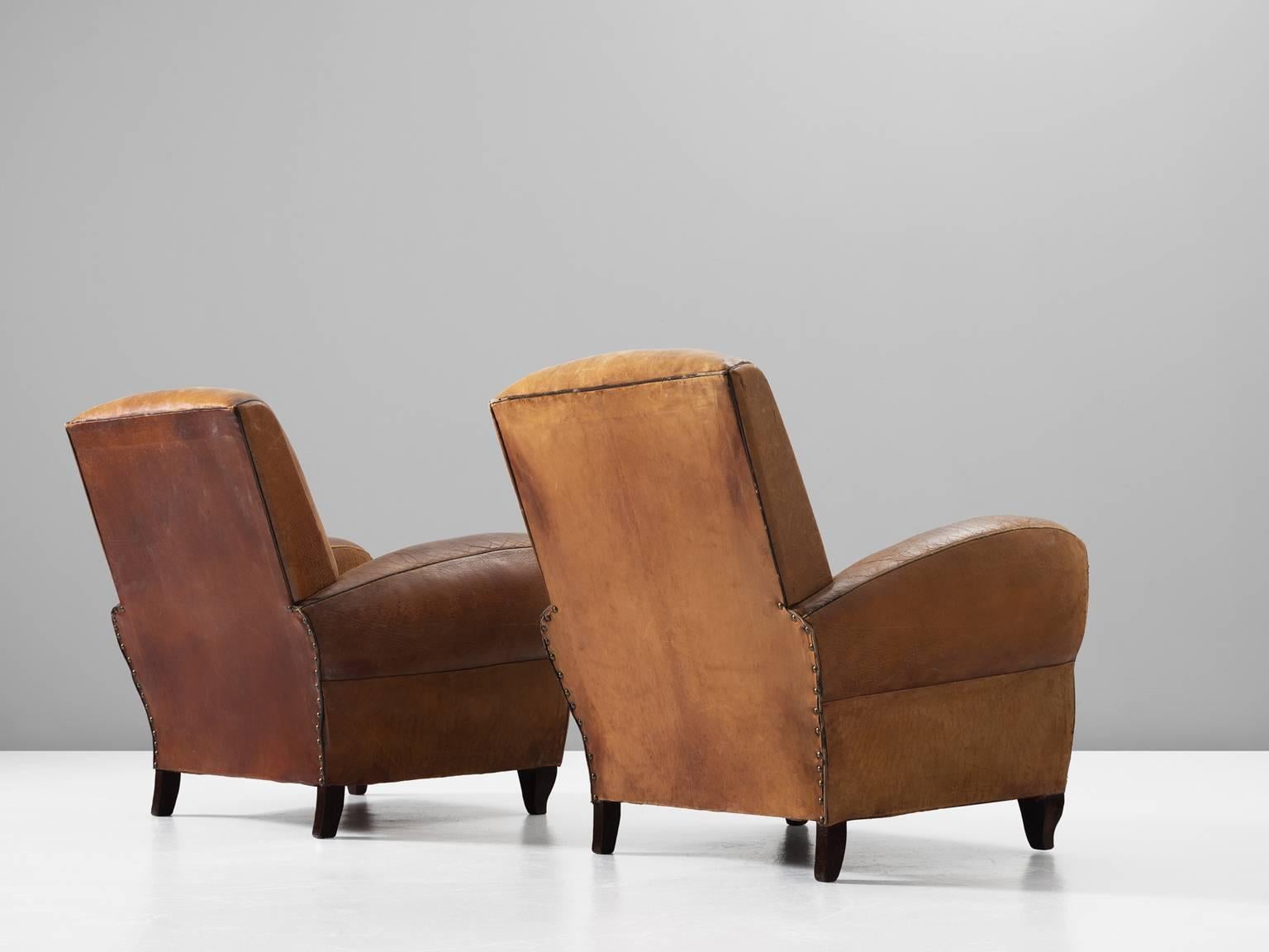Set of Two Art Deco Club Chairs with Patinated Leather In Good Condition In Waalwijk, NL