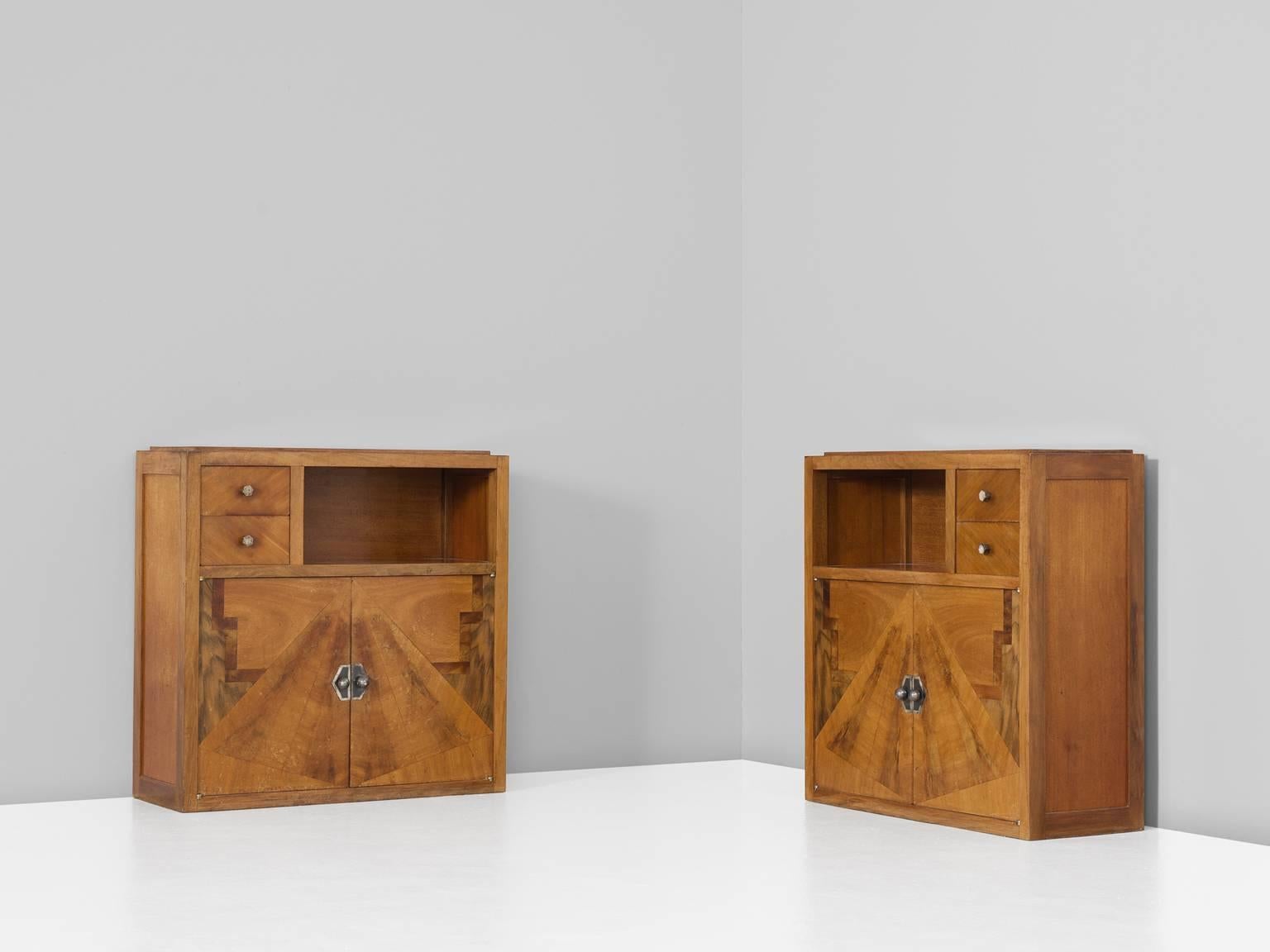 Set of Two Art Deco Nightstands with Wooden Inlayed Doors In Excellent Condition In Waalwijk, NL