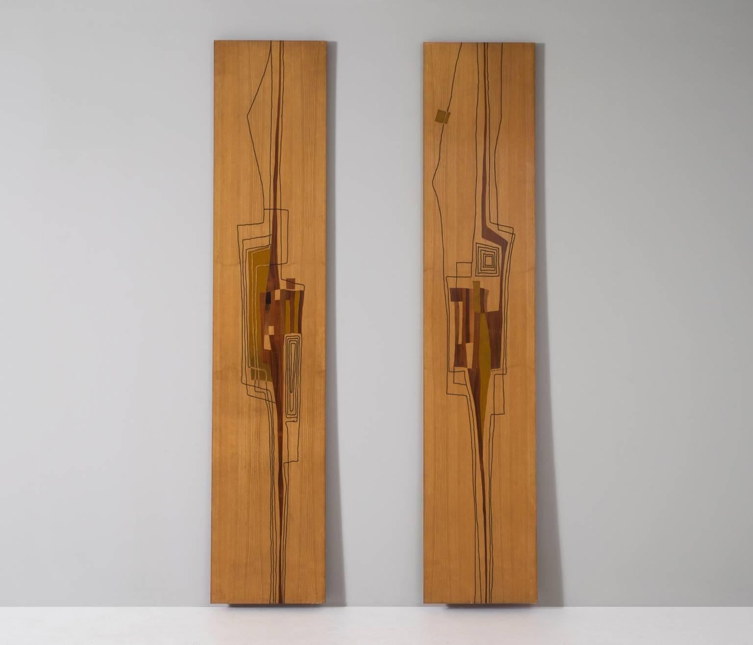 Two decorative wall panels, in wood, by Marcello Siard, Italy 1961.

These two wonderful decorative wall panels, titled 'Pannello', were handmade and signed by the Italian designer Marcello Siard. 
The fairly large wooden panels have been
