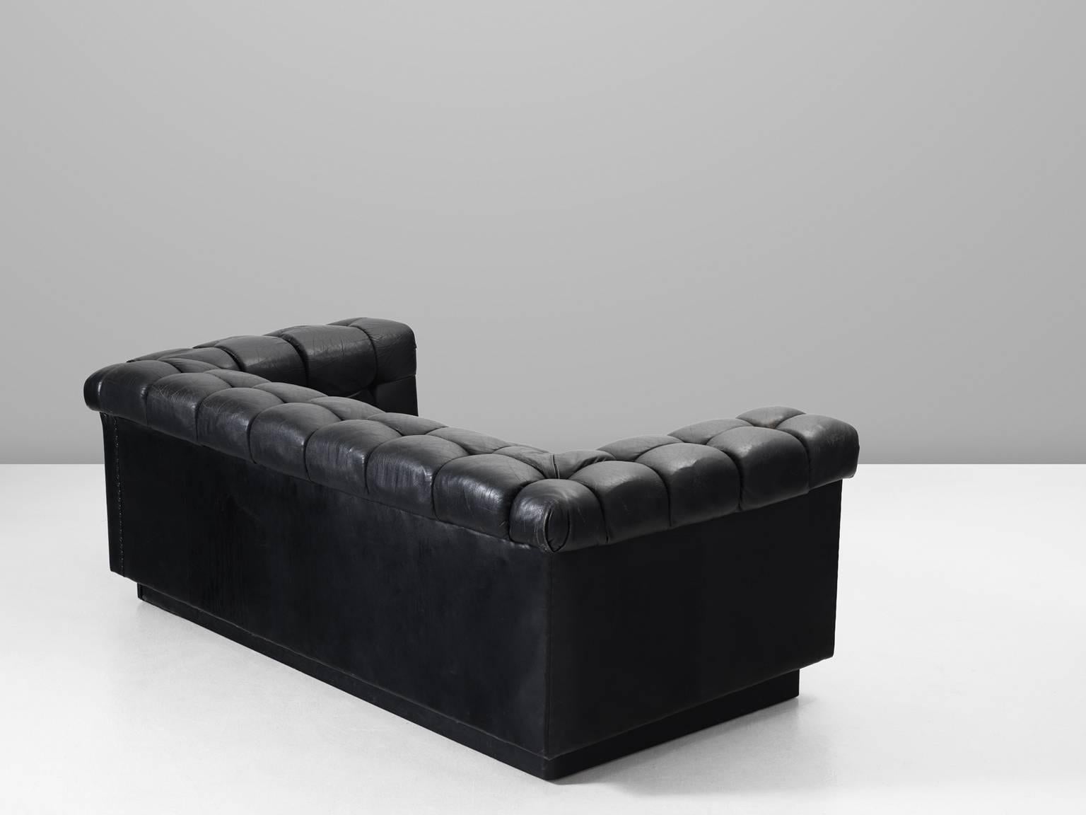 American Edward Wormley Tufted Two-Seat Sofa in Black Leather for Dunbar