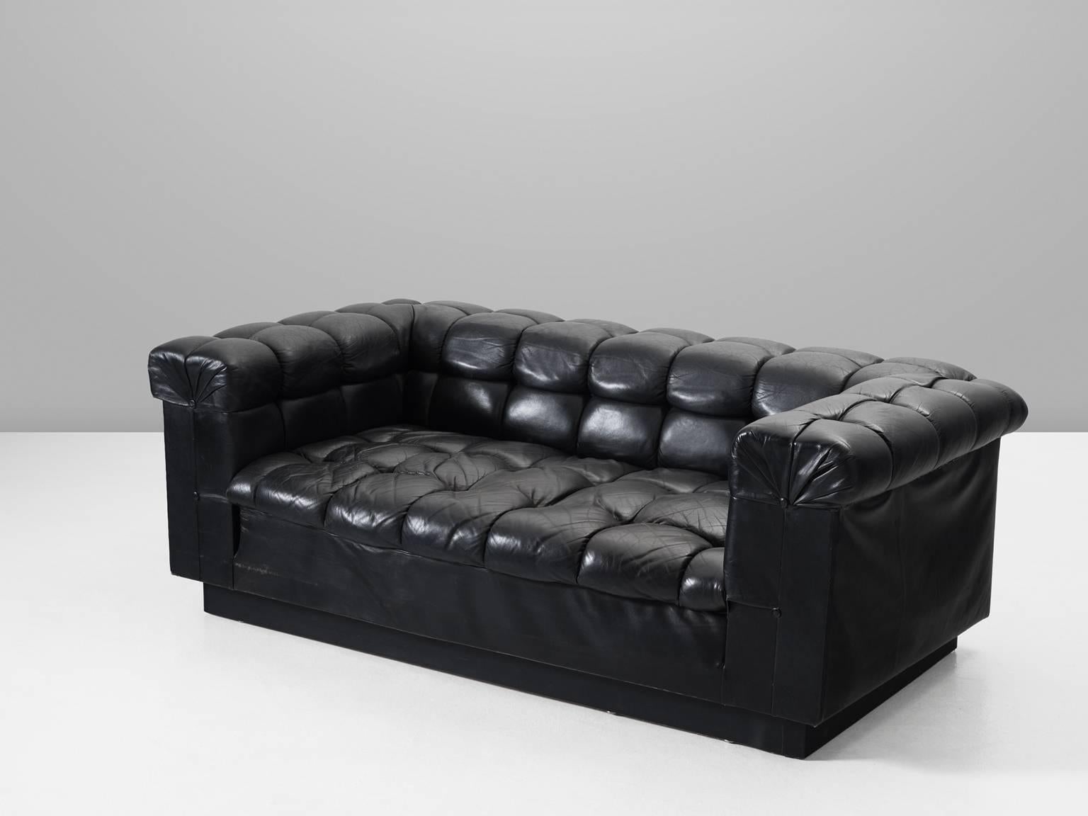 Mid-Century Modern Edward Wormley Tufted Two-Seat Sofa in Black Leather for Dunbar