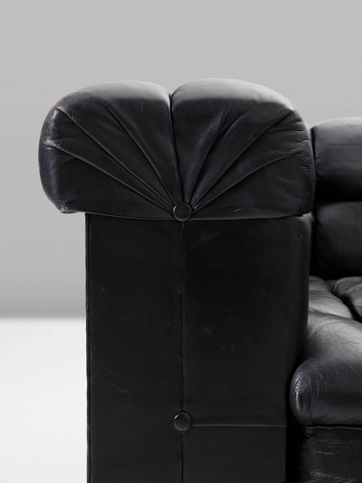 Edward Wormley Tufted Two-Seat Sofa in Black Leather for Dunbar 1