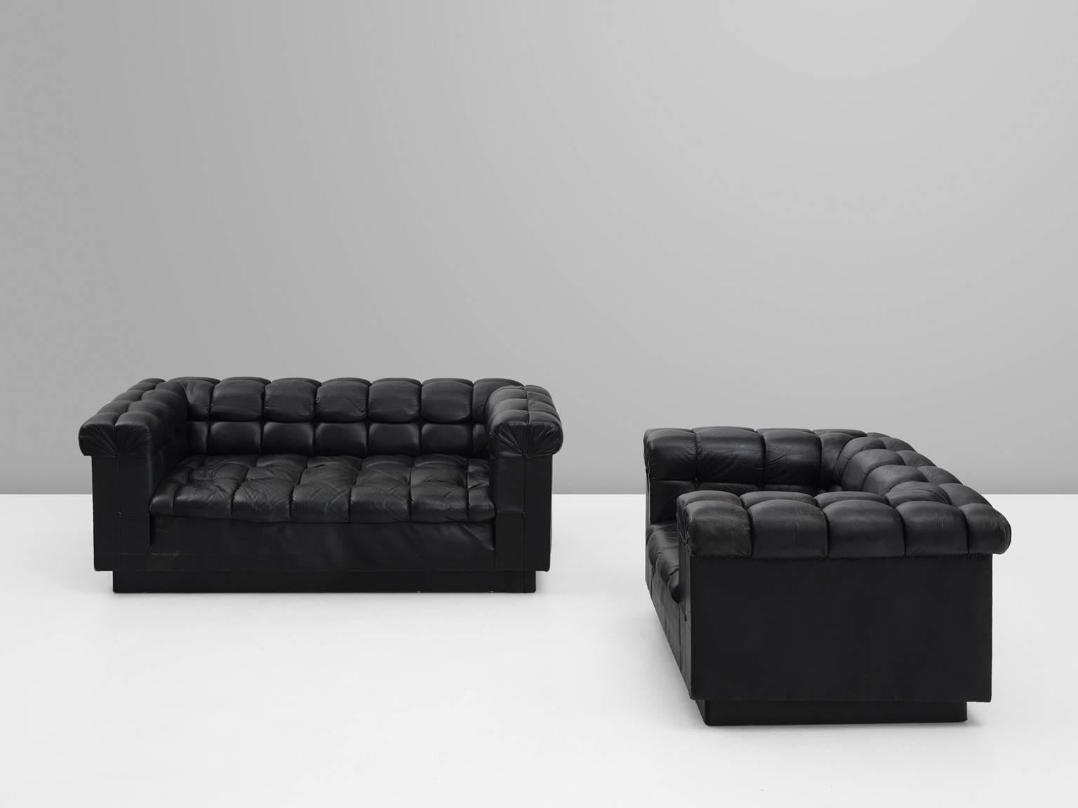 Mid-Century Modern Edward Wormley Tufted Black Leather Sofa and Chair for Dunbar