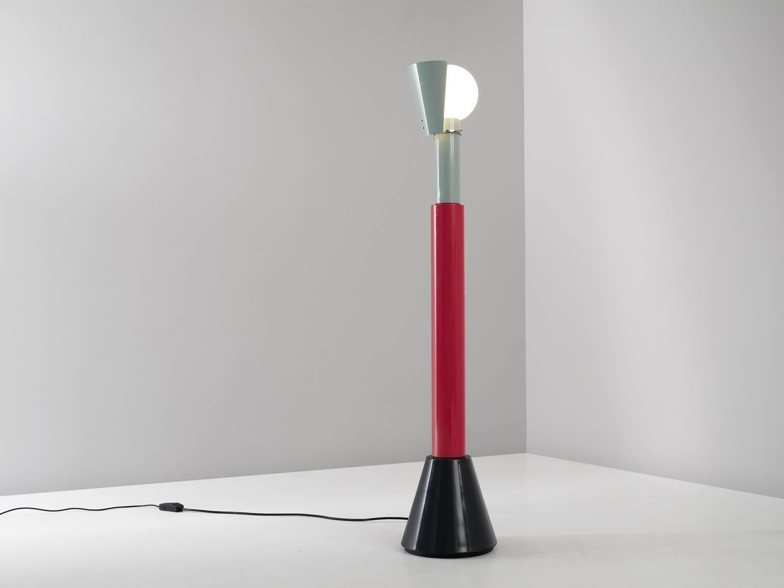 Alessandro Mendini for Segno, floor lamp 'Milo', enameled metal and glass, by  Italy 1982. 

Flighty floor lamp in the style of Memphis. Simplified representation of a male figure. Black base with colorful stern in red and green and glass sphere