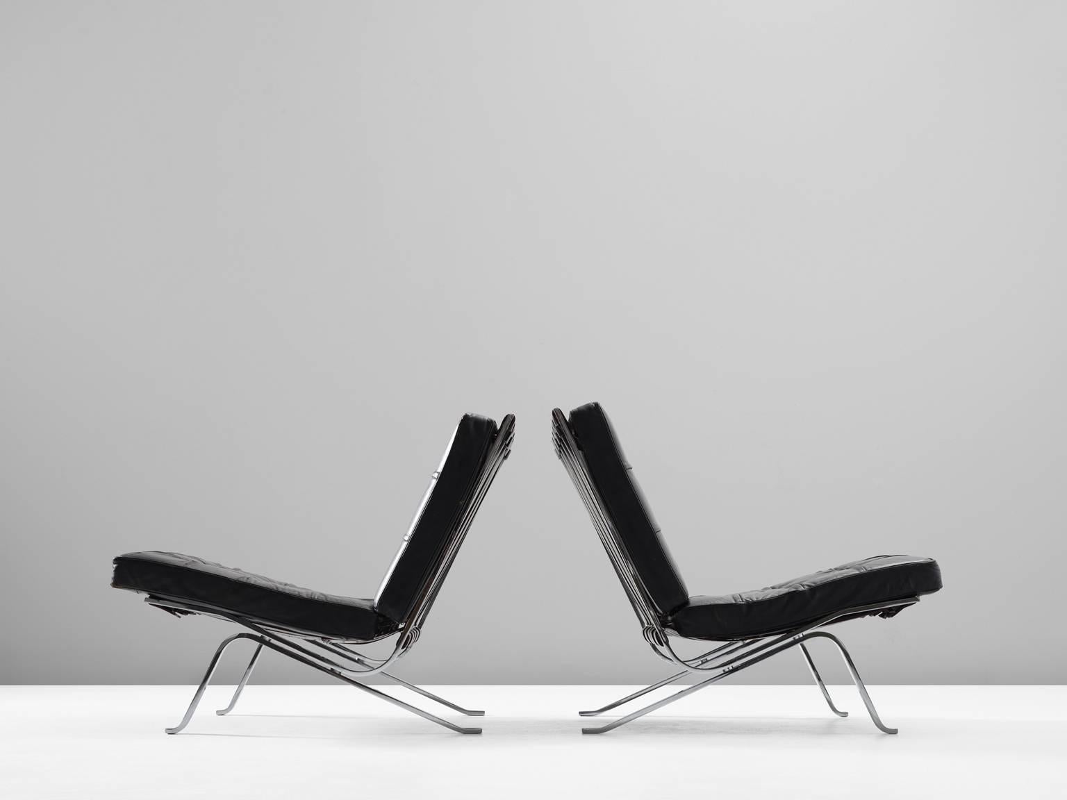 Mid-Century Modern Robert Haussmann Set of Two Rare Lounge Chairs in Chrome and Black Leather