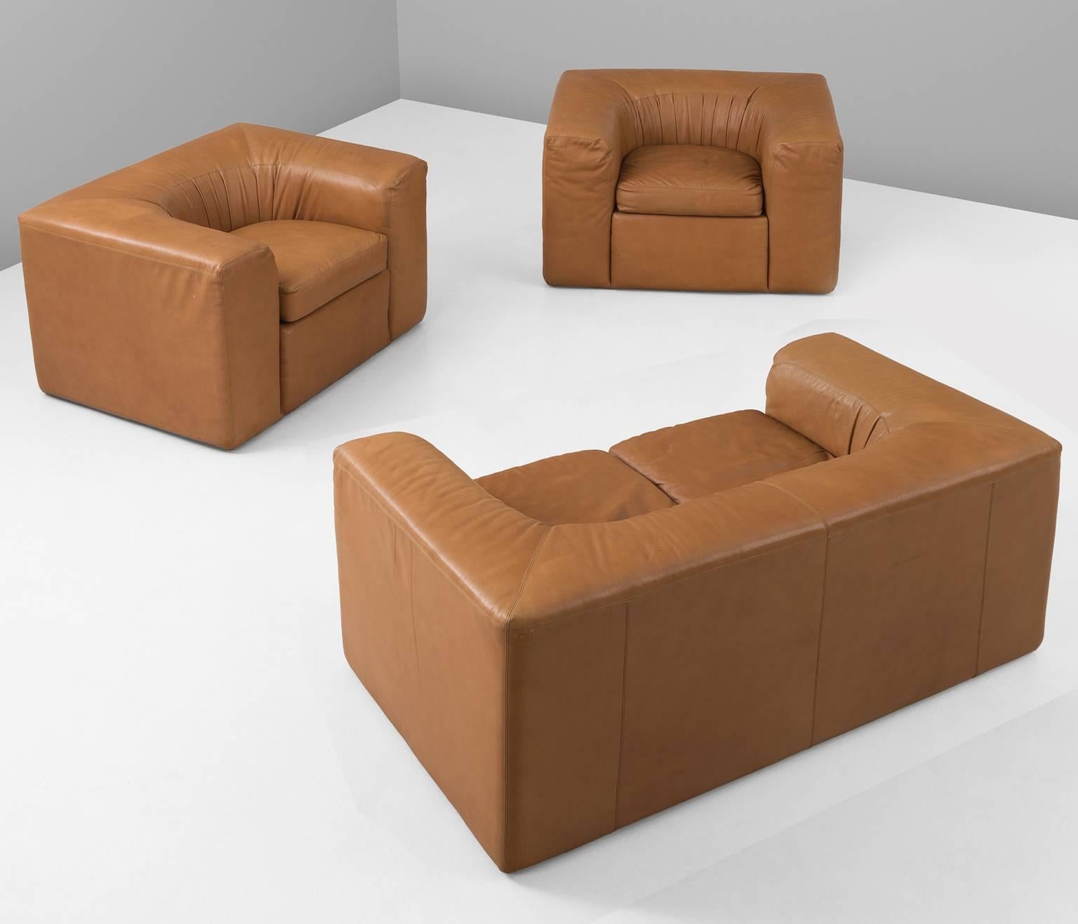 Mid-Century Modern Cognac Leather Living Room Set 