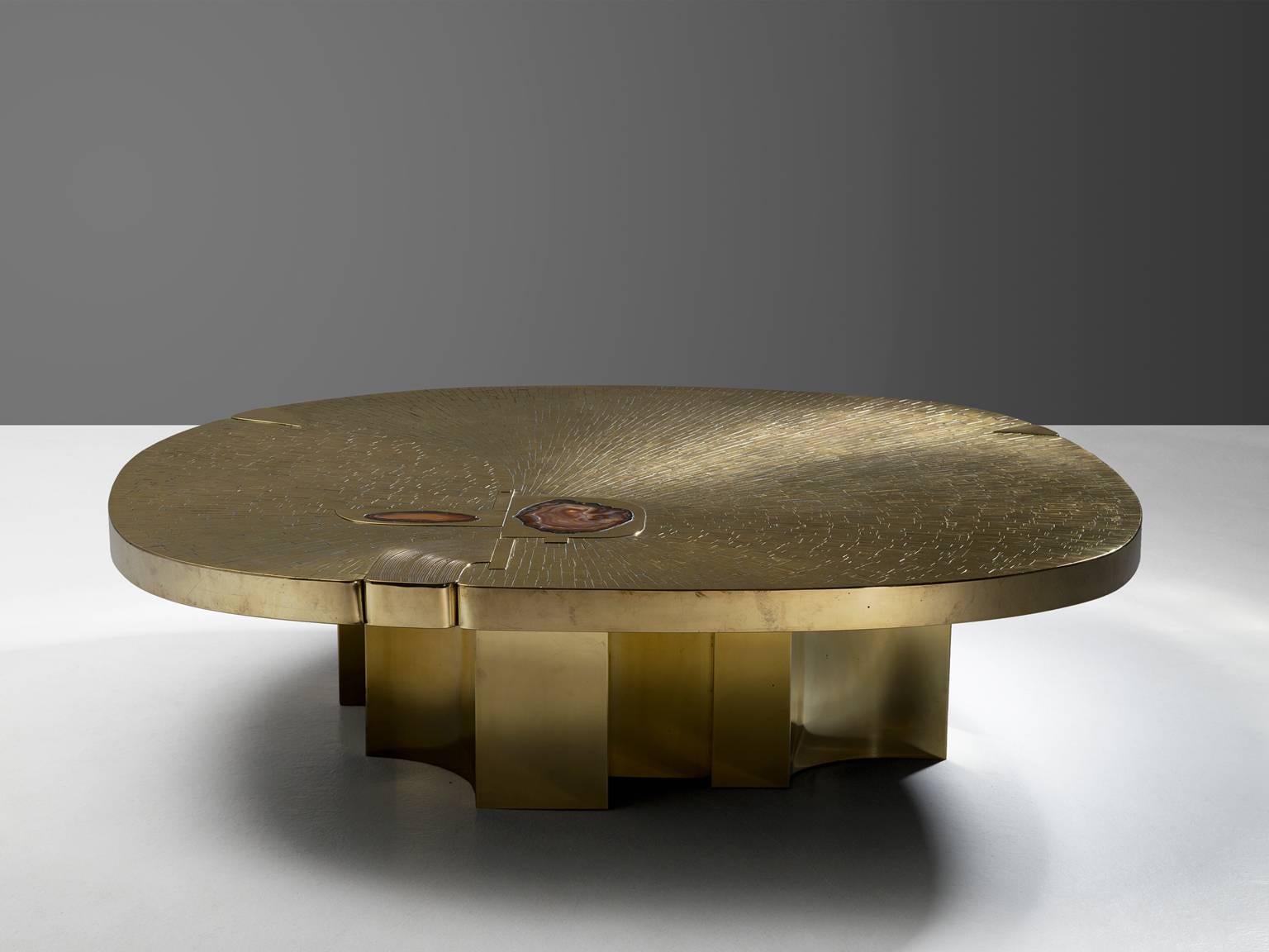 Mid-Century Modern Jean Claude Dresse Brass Coffee Table with Agate Stones