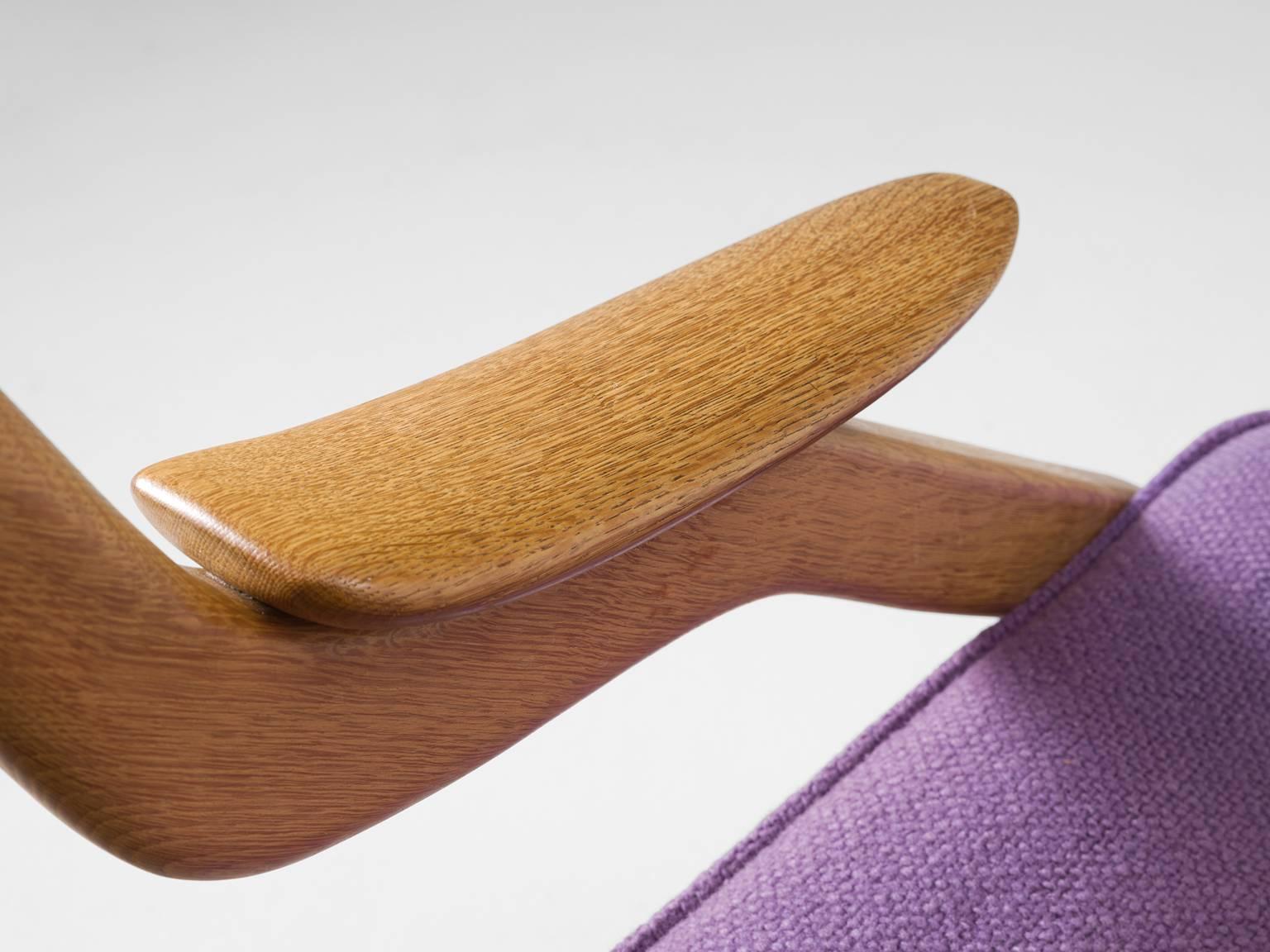 Mid-20th Century Guillerme & Chambron Lounge Chair in Solid Oak and Purple Upholstery