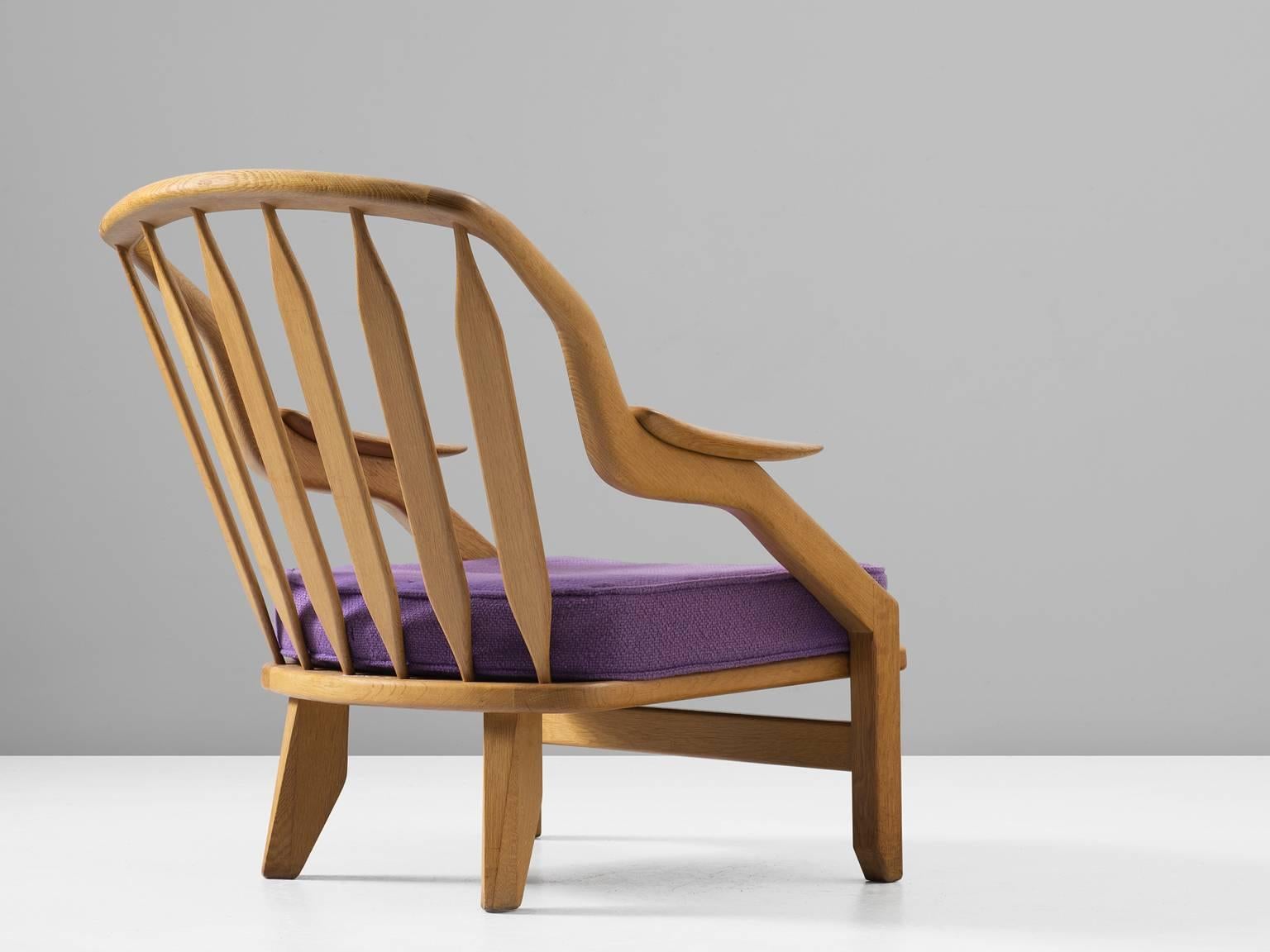 French Guillerme & Chambron Lounge Chair in Solid Oak and Purple Upholstery