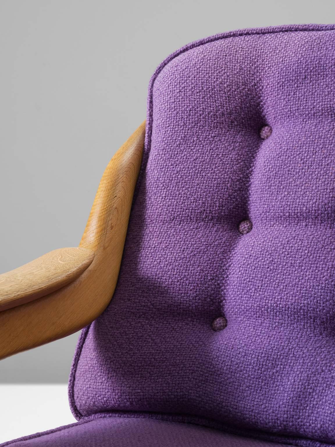 Fabric Guillerme & Chambron Lounge Chair in Solid Oak and Purple Upholstery