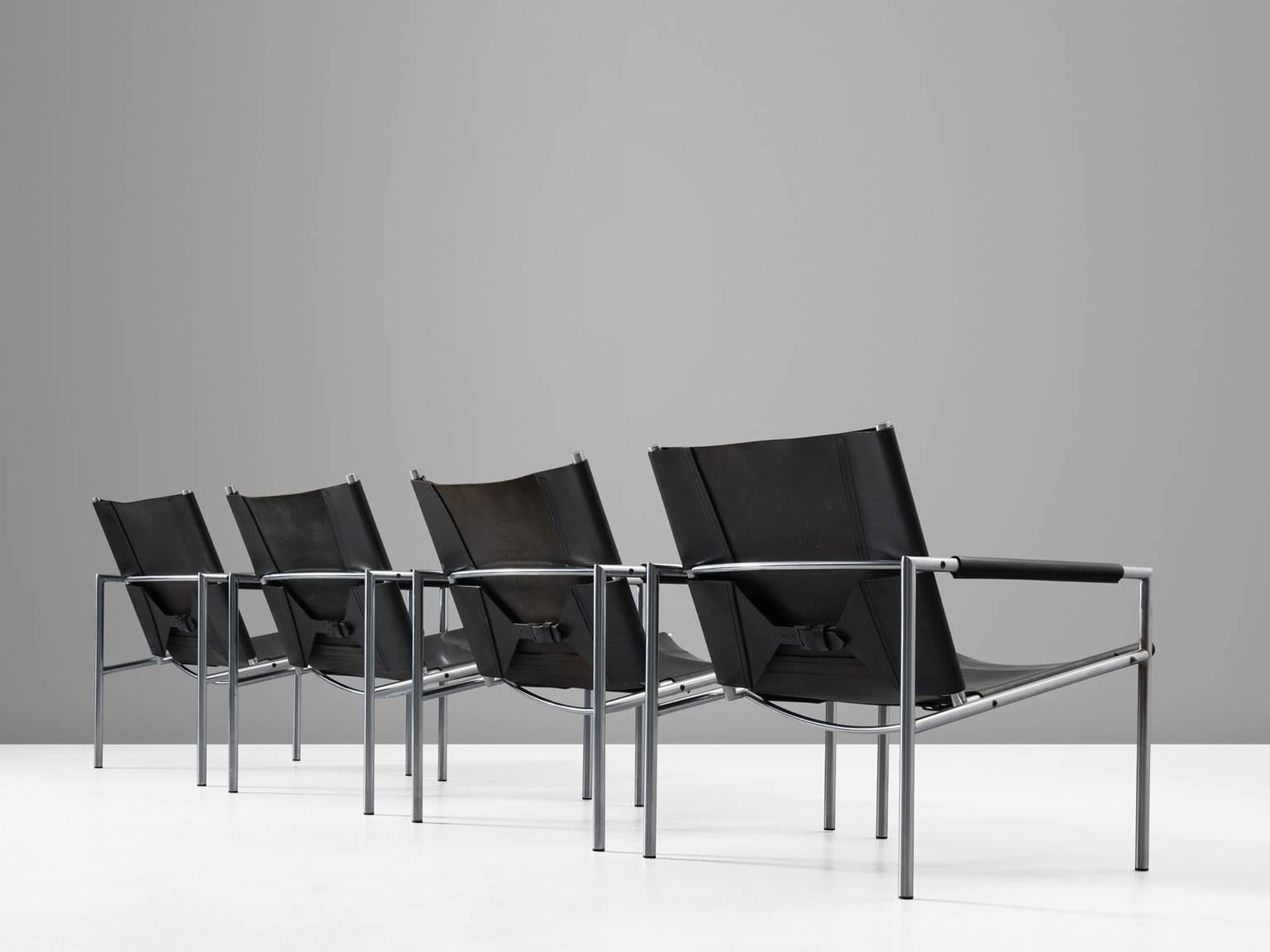 Mid-Century Modern Martin Visser Set of four Easy Chairs in Steel and Black Leather for T-Spectrum