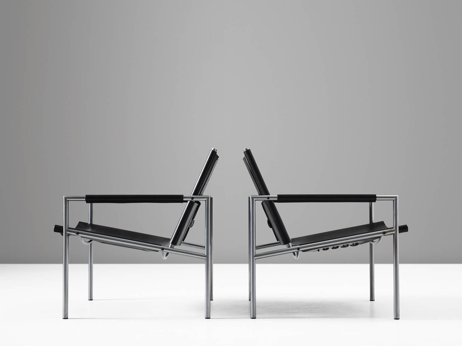 Dutch Martin Visser Set of four Easy Chairs in Steel and Black Leather for T-Spectrum
