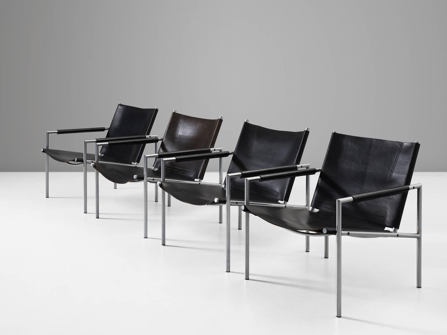 Set of four armchairs, in steel and leather by Martin Visser for T-spectrum, the Netherlands, 1965. 

Set of four modern easy chairs made of a tubular brushed steel, which is in nice contrast with the high-quality black leather upholstery. The