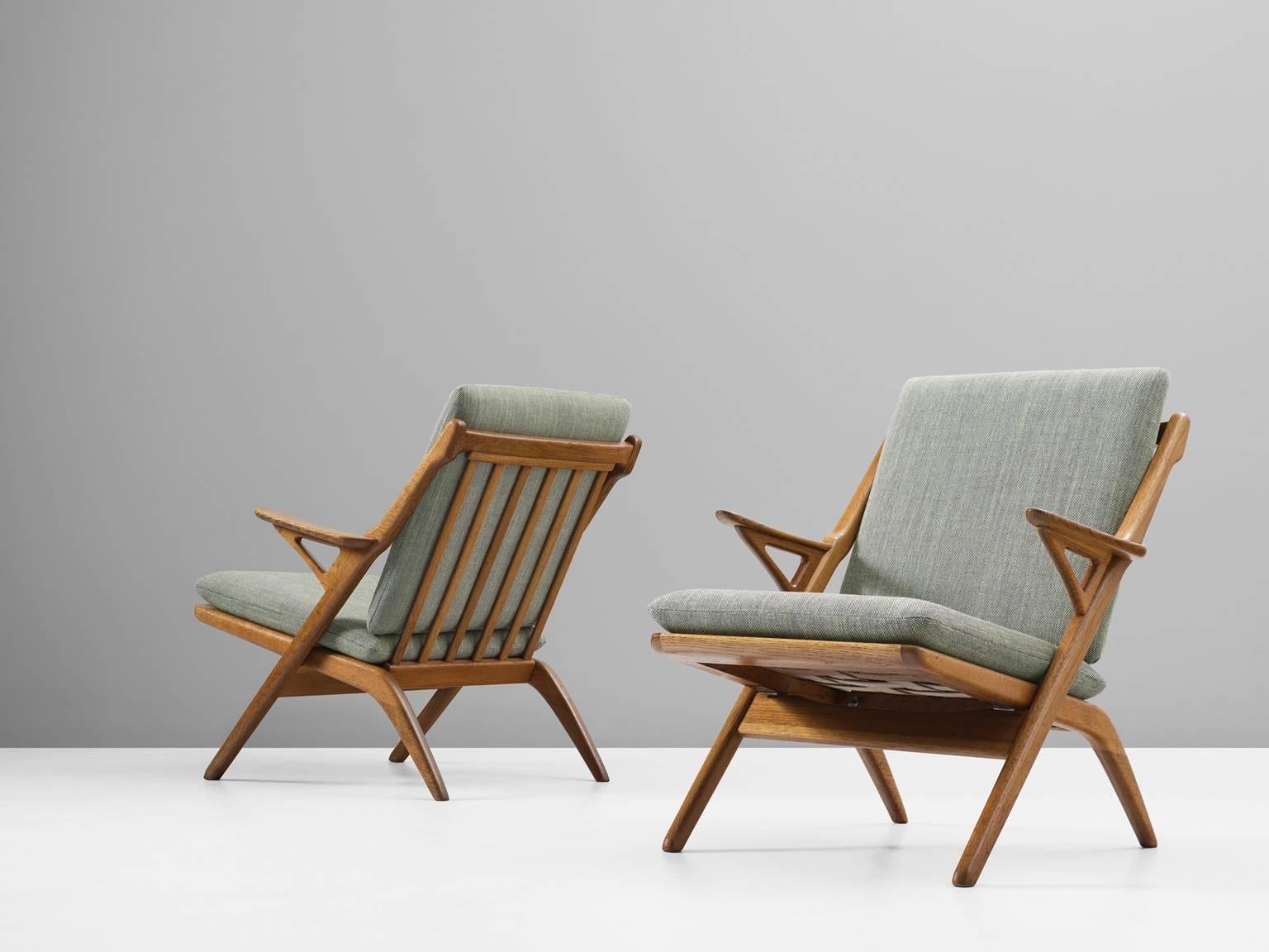 Mid-20th Century Danish Pair of Reupholstered Mid-Century Armchairs in Oak