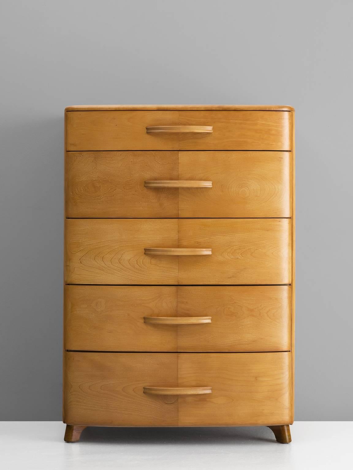 Dresser in maple, France, 1940s.

Late Art Deco cabinet with five drawers in blond maple wood. This chest of drawers has a basic design which leads all attention to the material and natural expression of this cabinet. Four small legs lift the