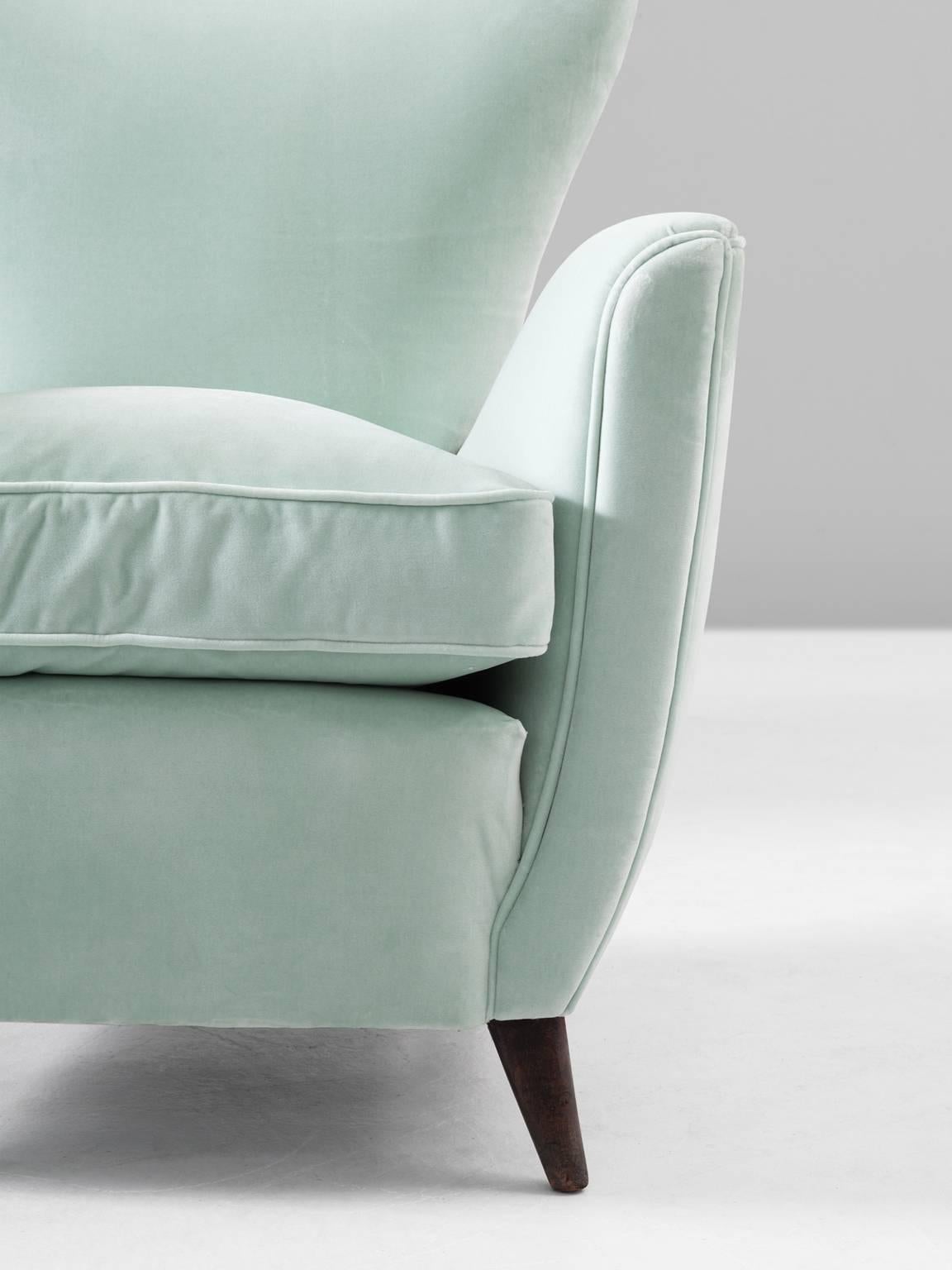 Wood Set of Two Italian Easy Chairs in Mint Green Upholstery