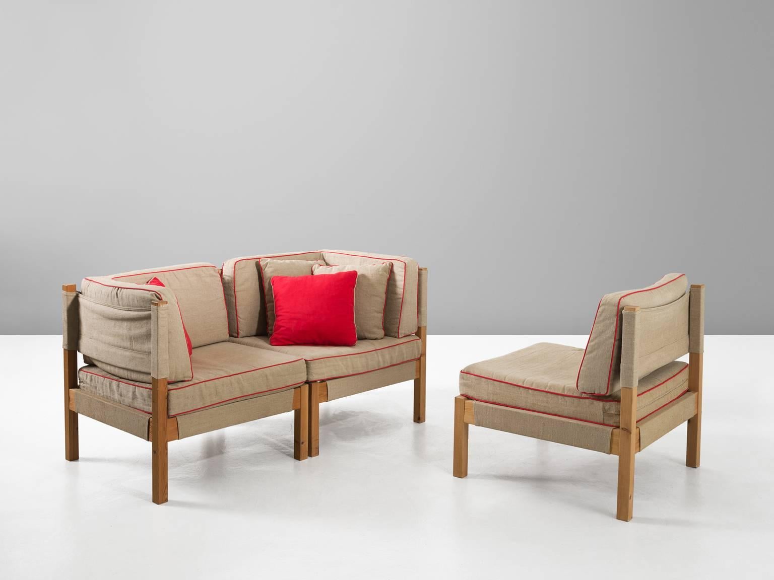 Sectional sofa, in pine and fabric, Denmark, 1960s. 

Danish modern sofa consisting of three elements, of which two corners and one middle element. The frame consists of solid pine wood, which has a nice blond color. Each element is upholstered