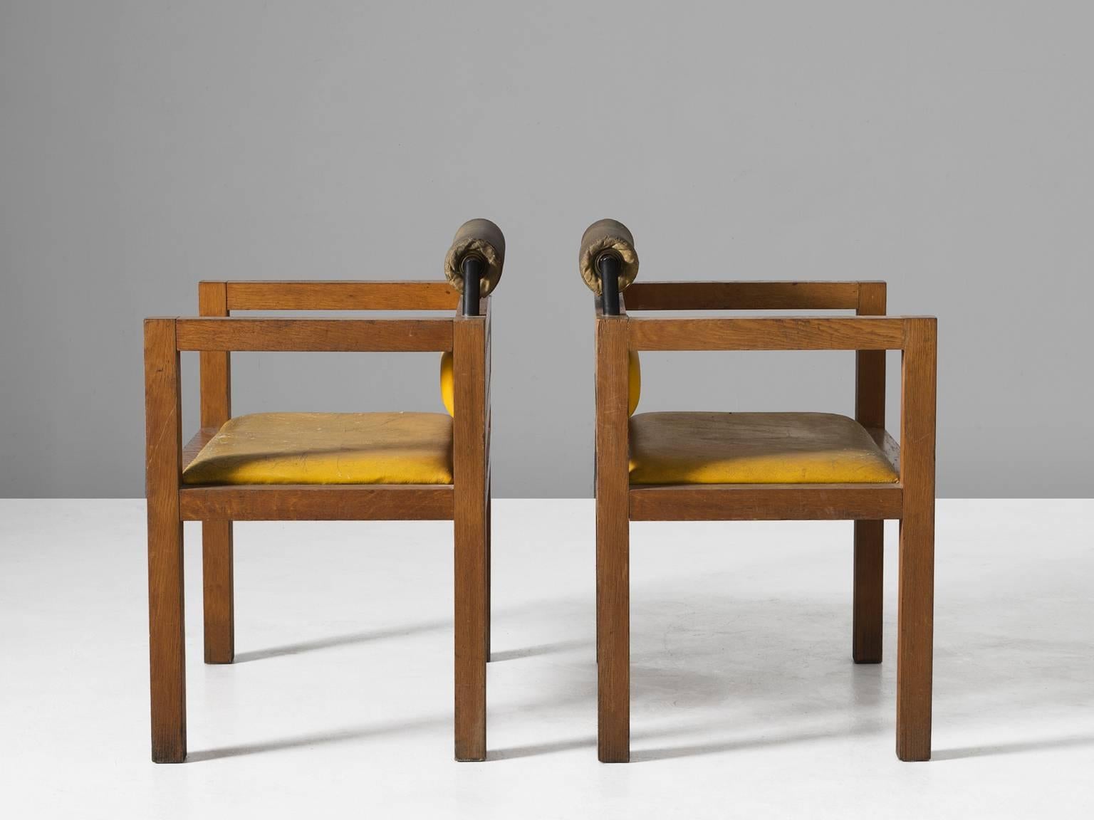 Italian Set of Two Cubic Armchairs in Oak and Yellow Leather Upholstery
