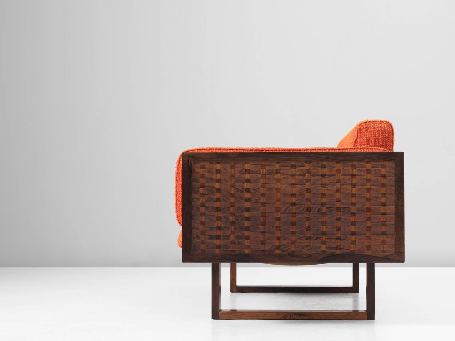 Mid-Century Modern Poul Cadovius Small Rosewood Sofa in Orange Fabric Upholstery