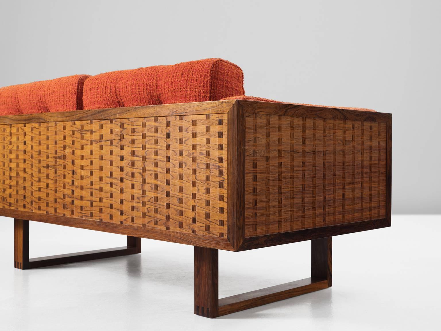 Poul Cadovius Small Rosewood Sofa in Orange Fabric Upholstery In Good Condition In Waalwijk, NL