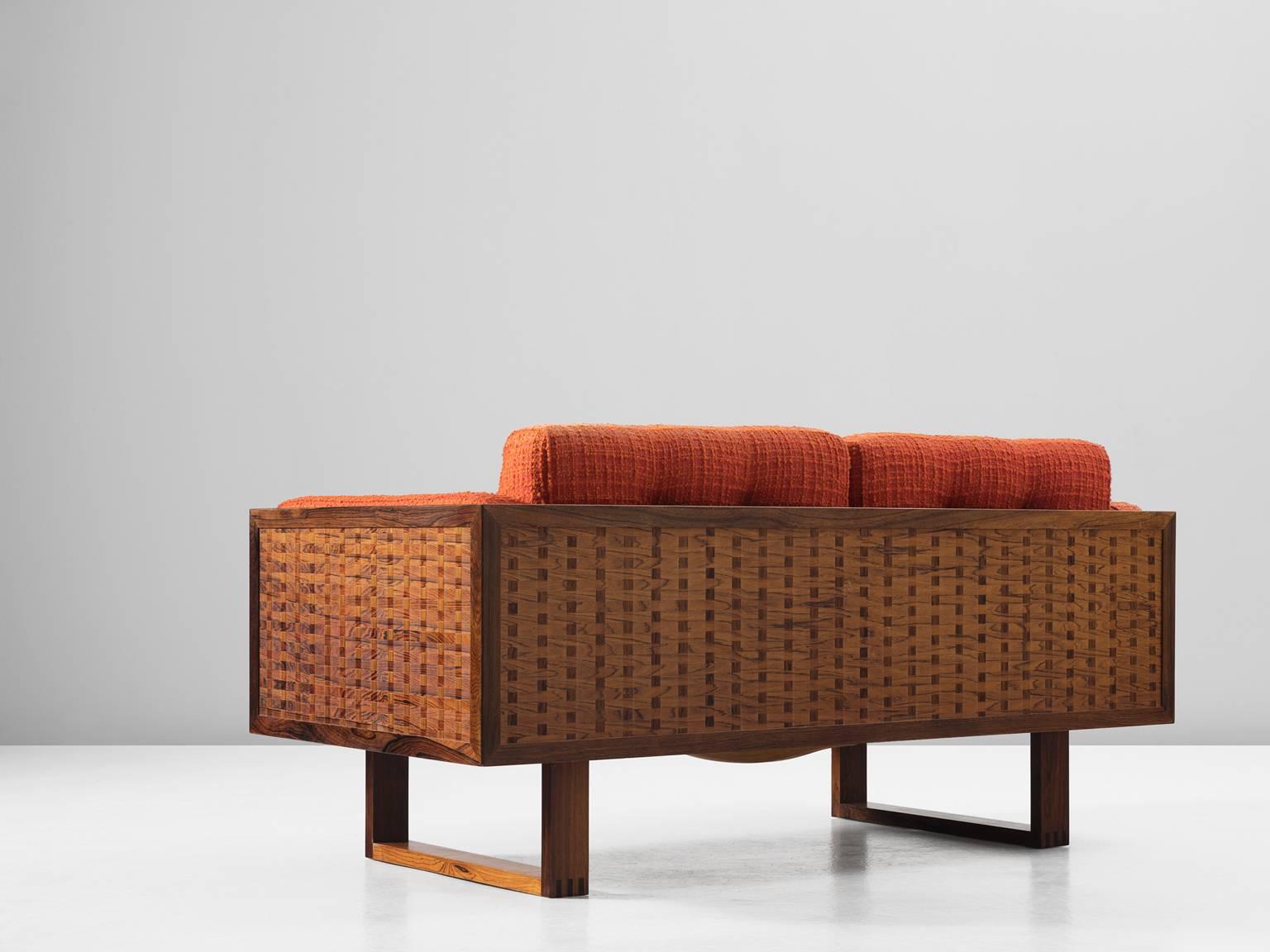 Danish Poul Cadovius Small Rosewood Sofa in Orange Fabric Upholstery