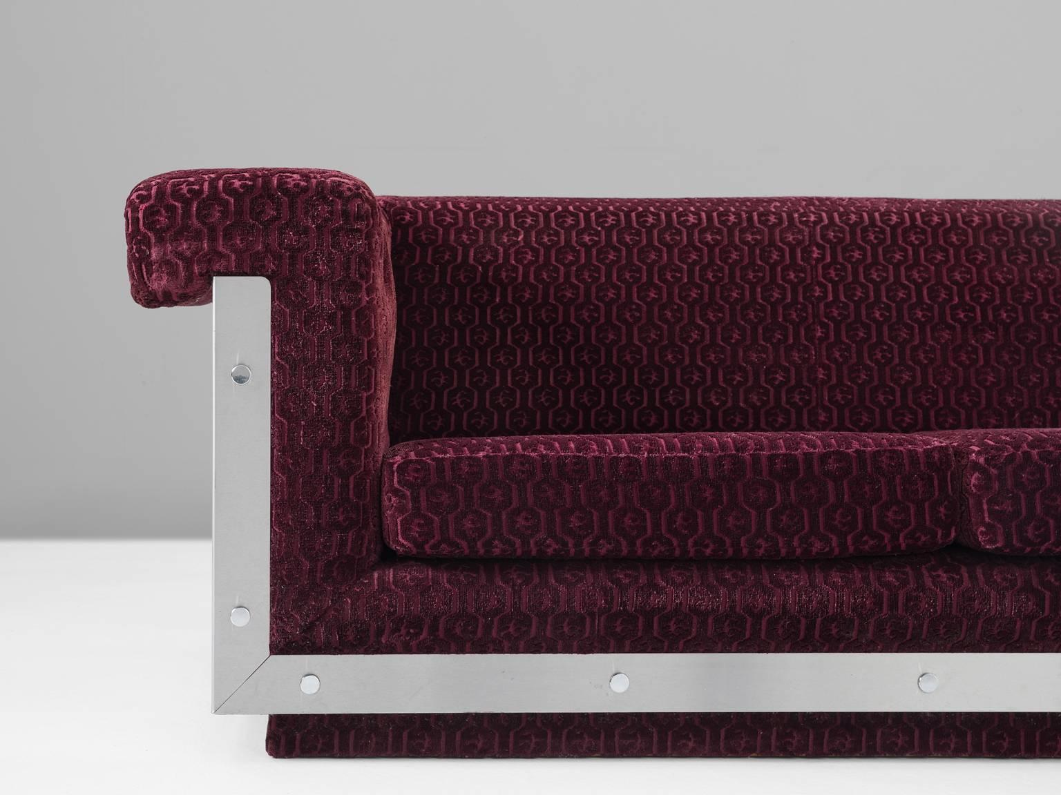 Mid-20th Century French Sofa in Stainless Steel and Burgundy Velvet Upholstery