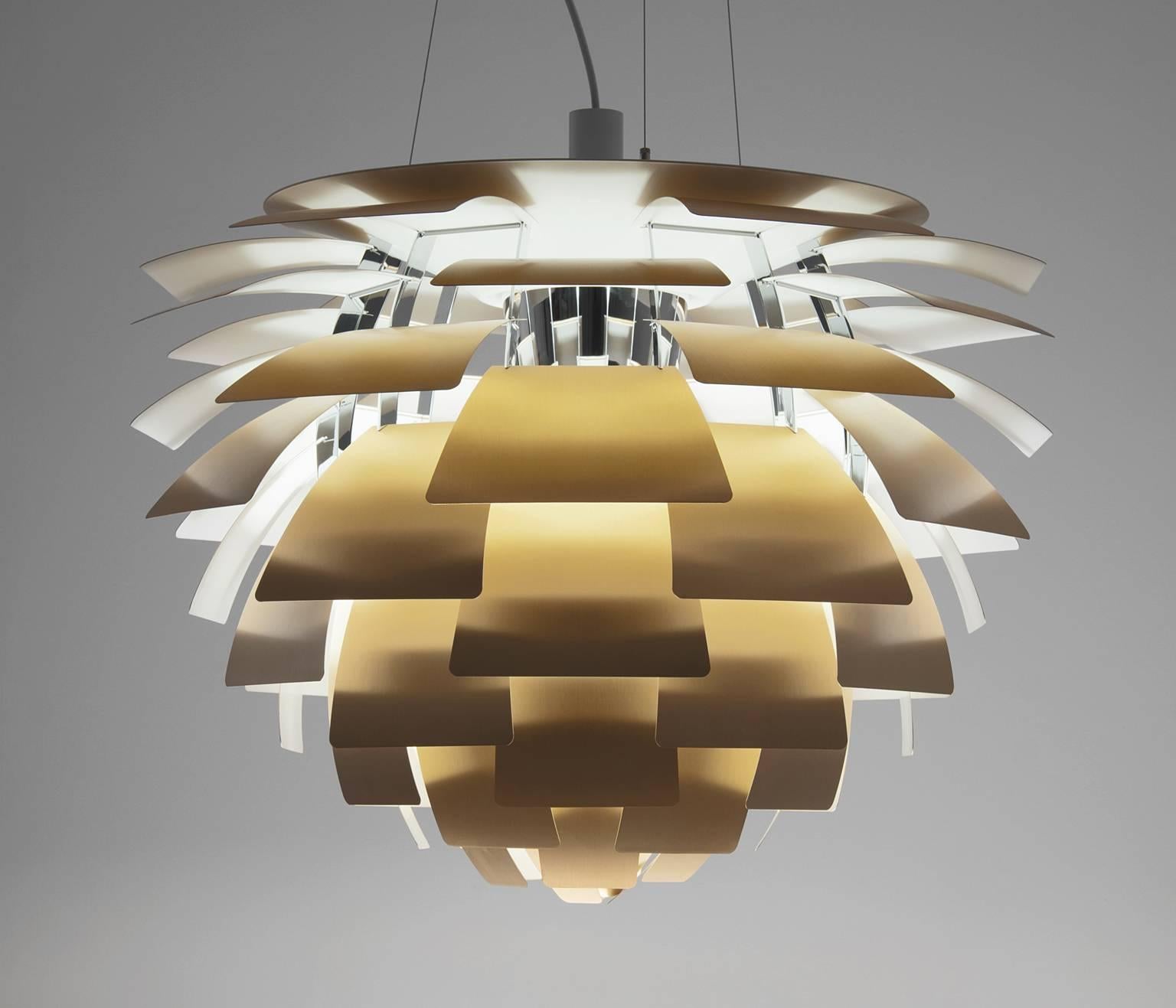 Limited edition gold 'Artichoke' pendant, in metal.  The 'Artichoke' pendant was originally designed by Poul Henningsen for Louis Poulsen, Denmark, in 1957. This version is a special re-edition manufactured in the 2010s. 

The Artichoke, an all