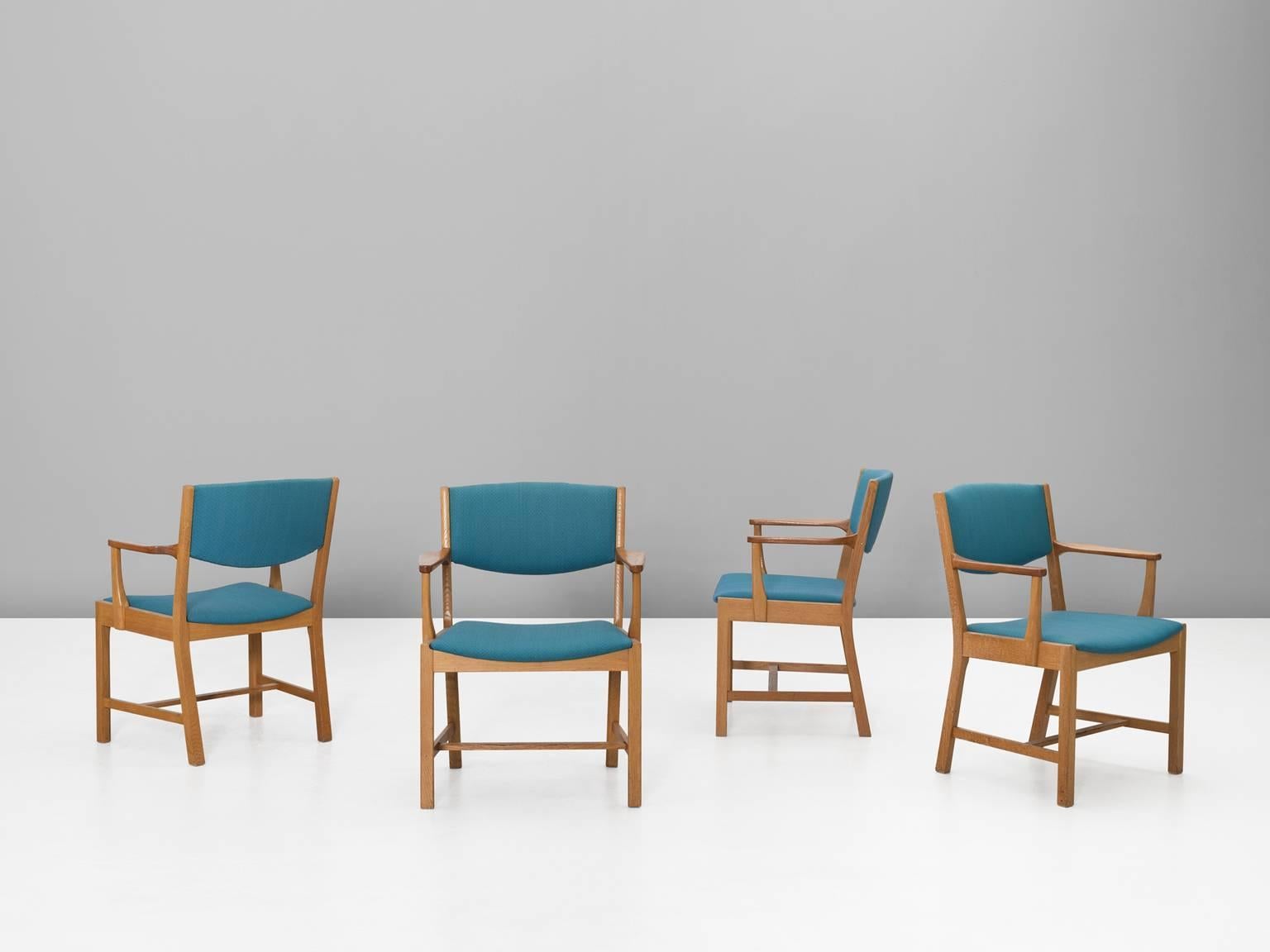Mid-Century Modern Set of 14 Danish Armchairs in Oak and Blue Fabric Upholstery 