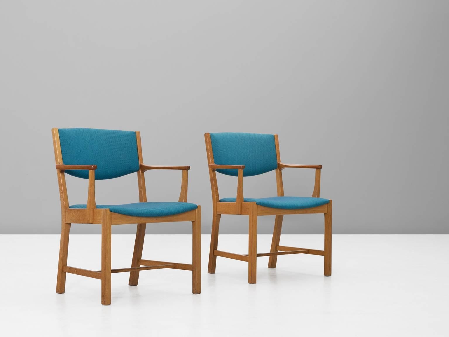 Set of 14 Danish Armchairs in Oak and Blue Fabric Upholstery  In Good Condition In Waalwijk, NL