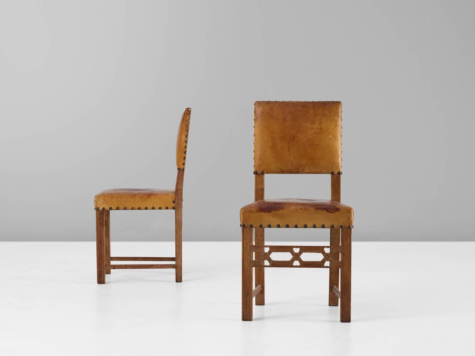 Set of Six Swedish Dining Chairs in Oak and Patinated Cognac Leather In Good Condition In Waalwijk, NL