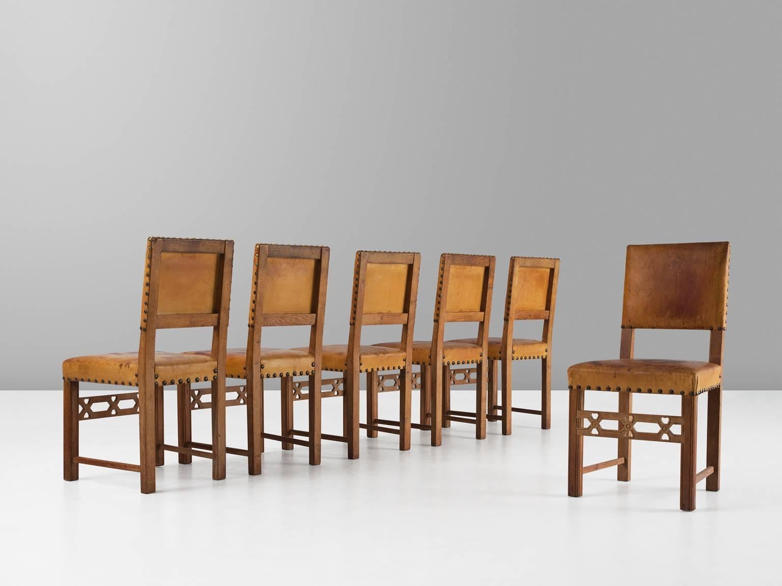 Art Deco Set of Six Swedish Dining Chairs in Oak and Patinated Cognac Leather