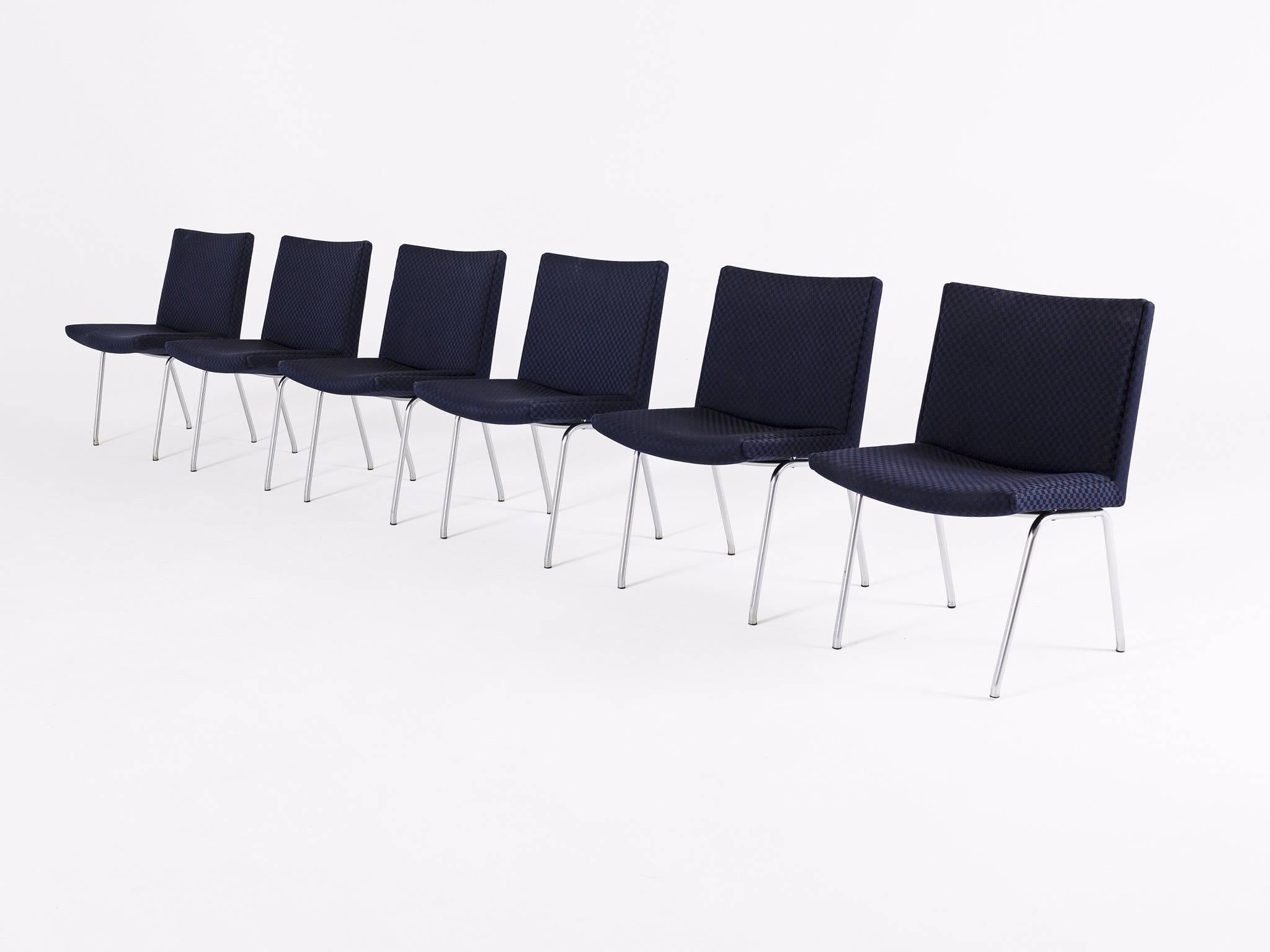 Set of six 'Airports chairs', in metal and fabric, by Hans Wegner for Carl Hansen, Denmark late 1950s. 

Nice set of six Airport chairs by Hans J. Wegner. This set is produced by Carl Hansen. The set comes from the Airport series designed by