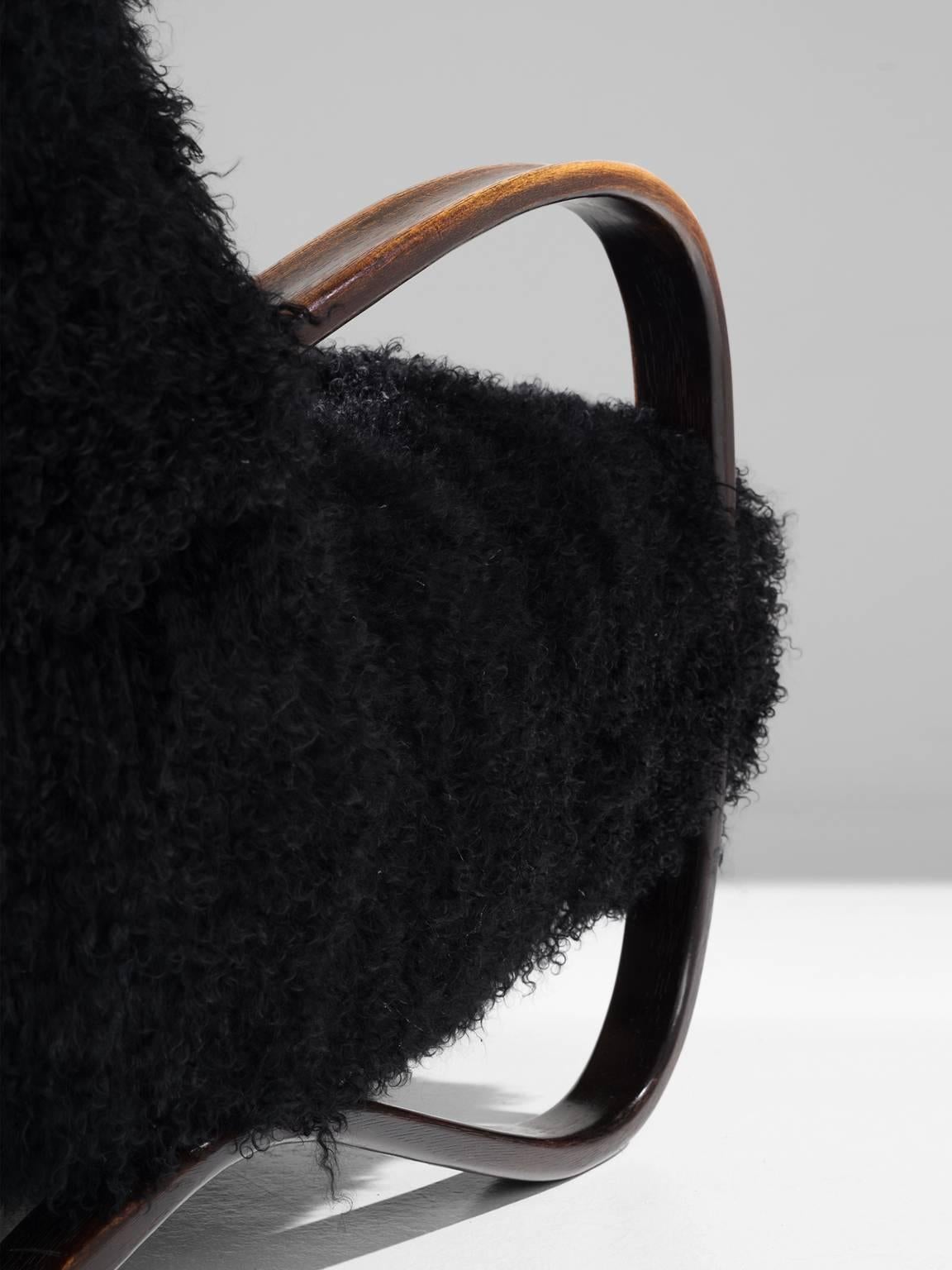 Sheepskin Jindrich Halabala Lounge Chairs in Black Tibetan Lambswool