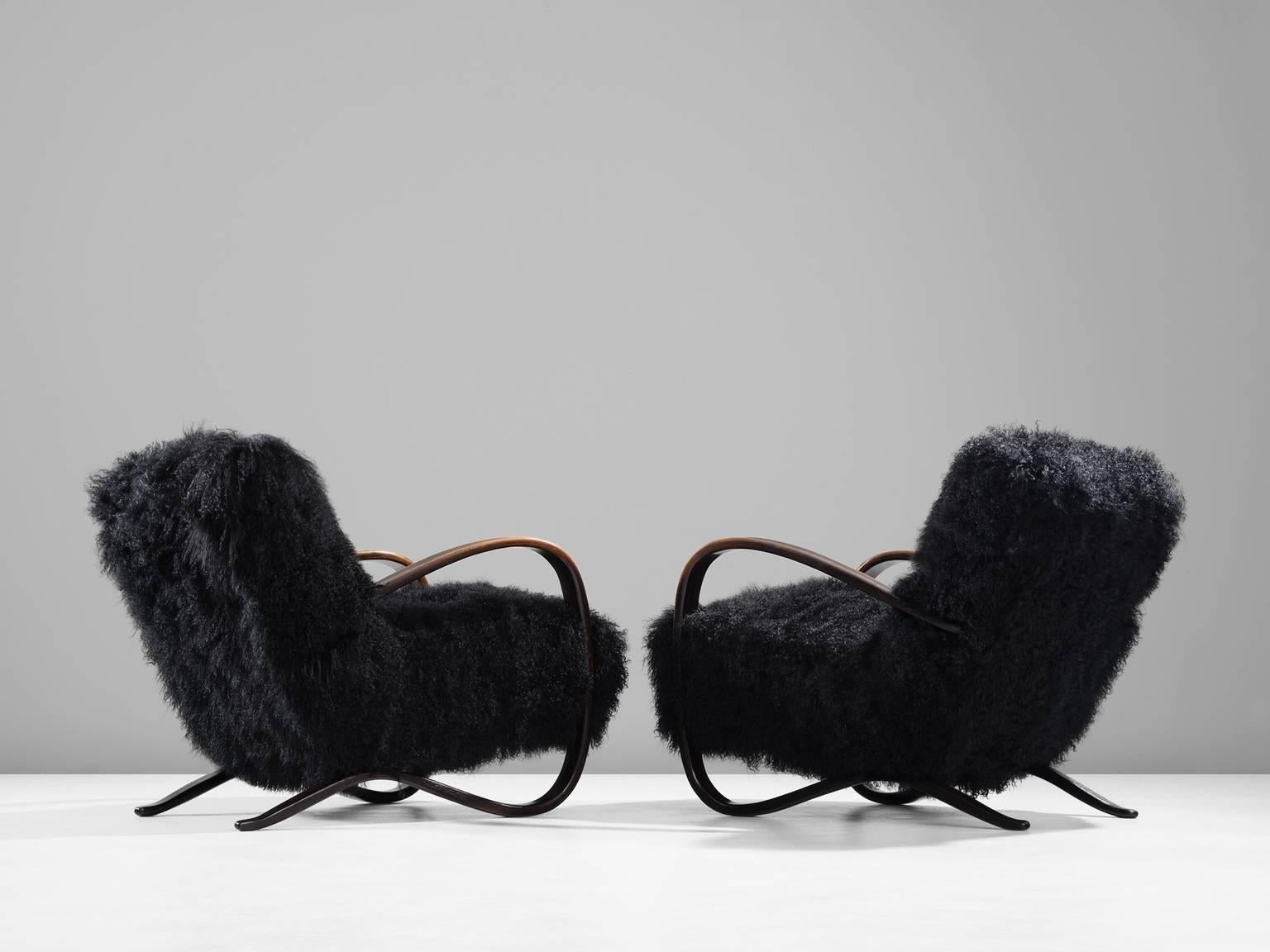 Jindrich Halabala Lounge Chairs in Black Tibetan Lambswool In Excellent Condition In Waalwijk, NL