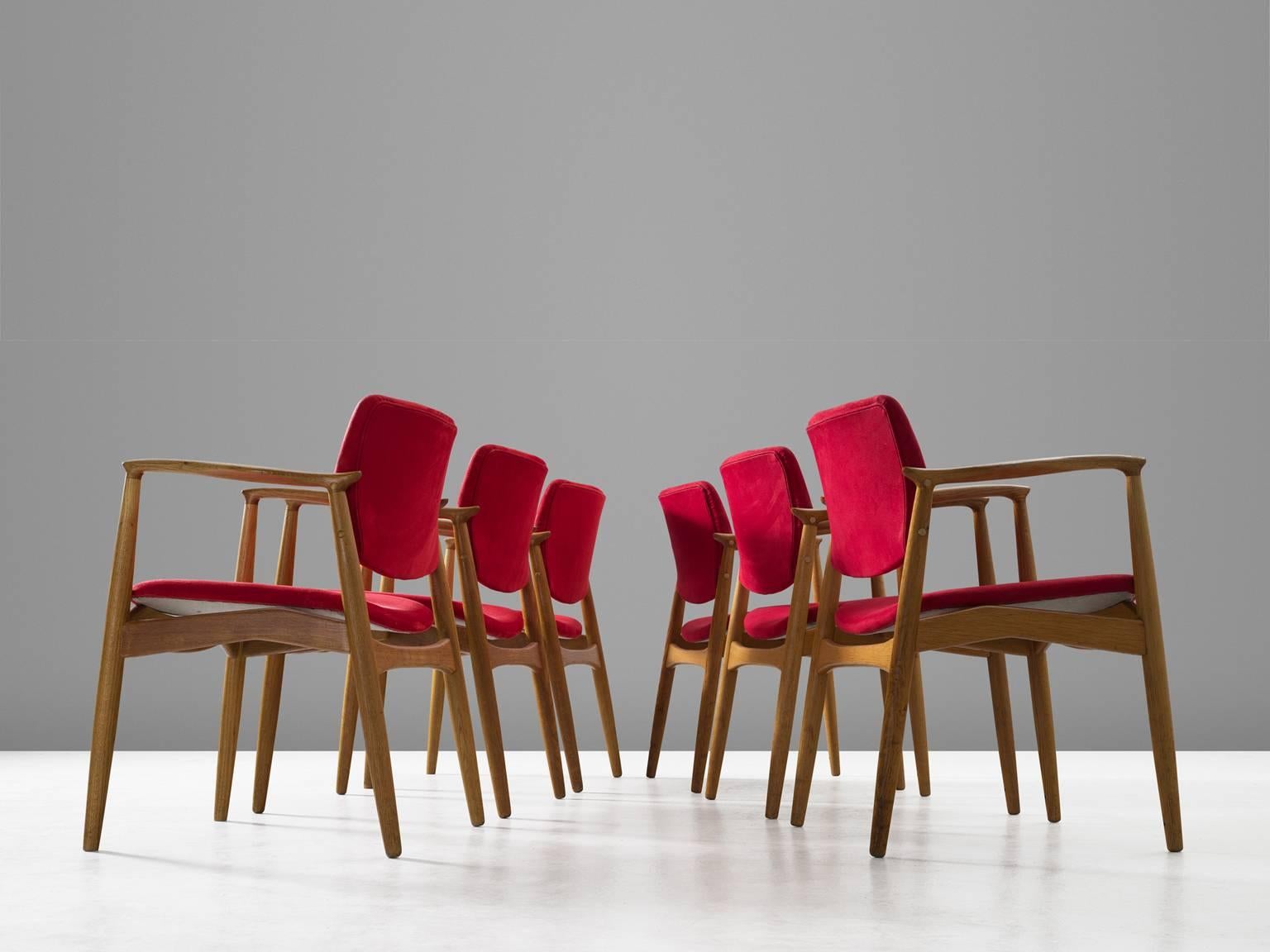 Danish Erik Buch Set of Six 'Captains' Armchairs in Oak and Red Fabric Upholstery