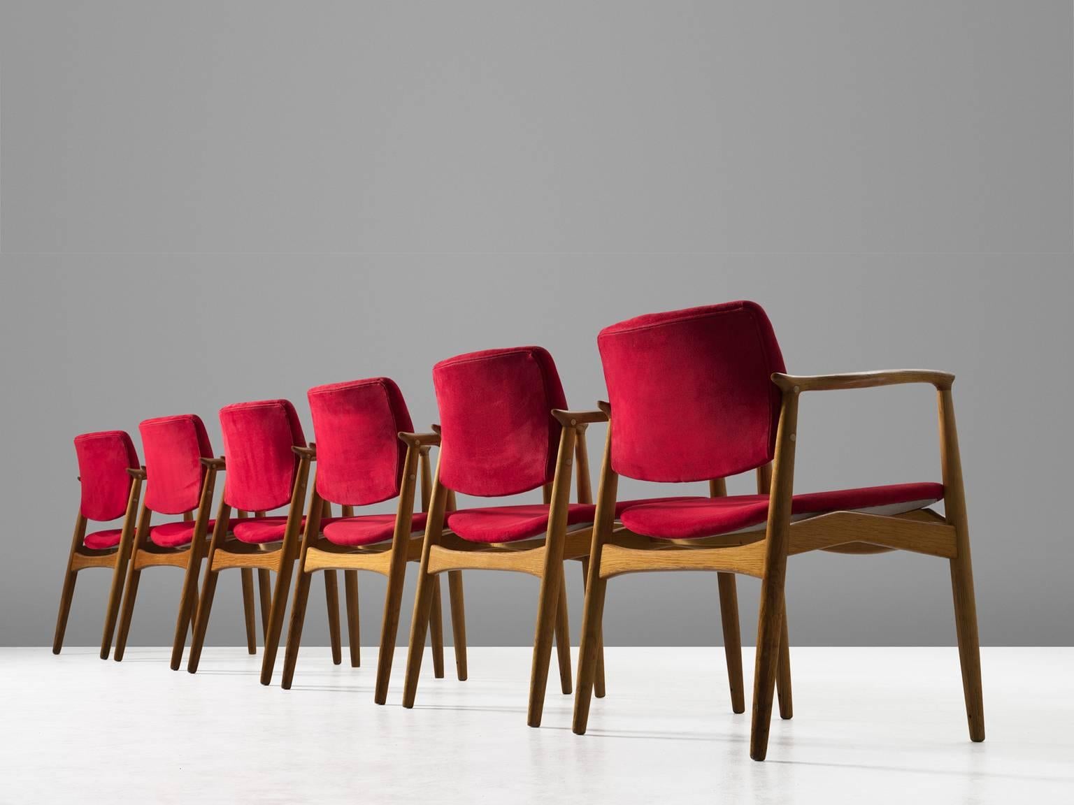 Mid-Century Modern Erik Buch Set of Six 'Captains' Armchairs in Oak and Red Fabric Upholstery