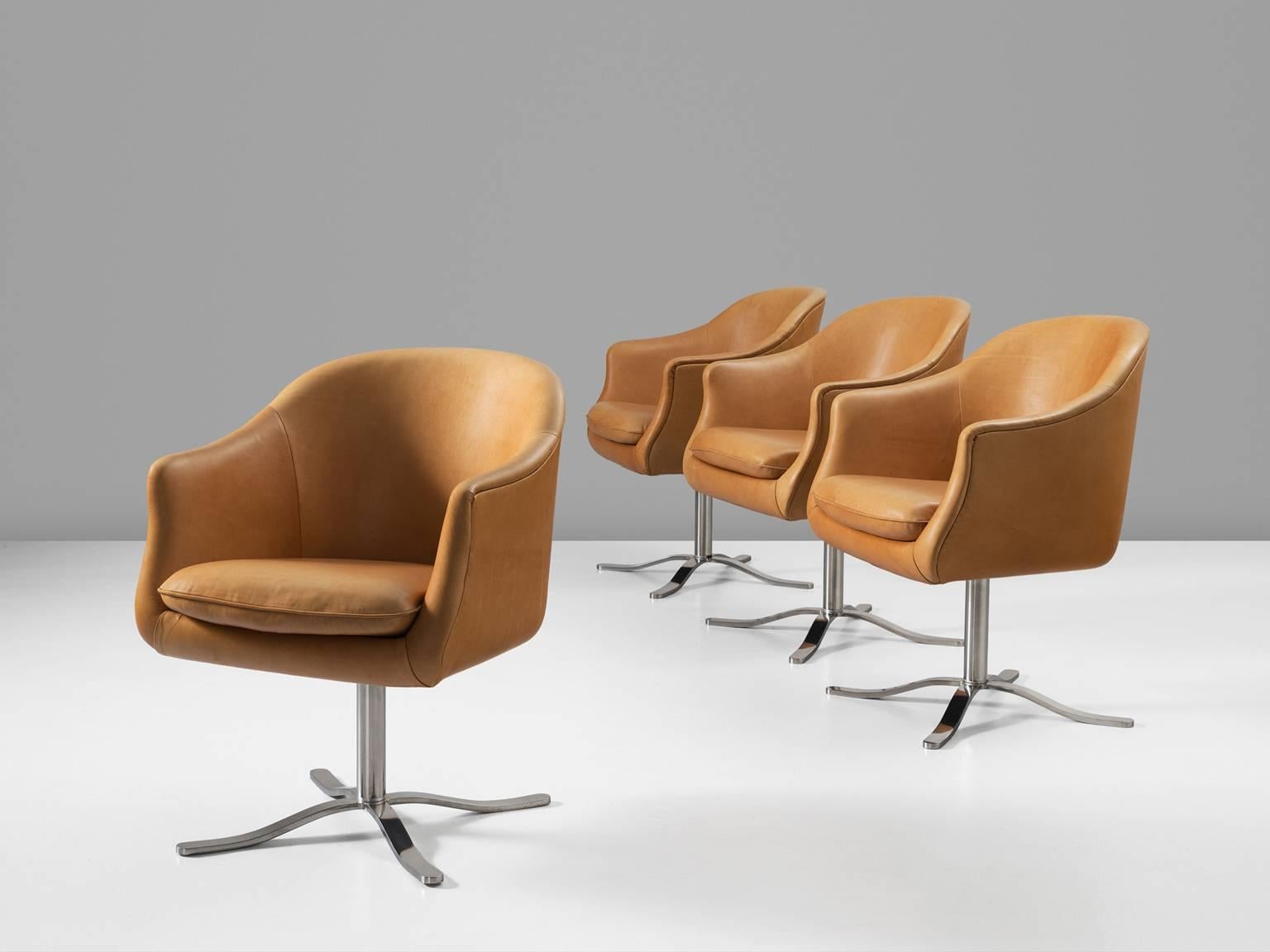 Mid-Century Modern Set of Four Reupholstered Swivel Bucket Chairs in Cognac Leather