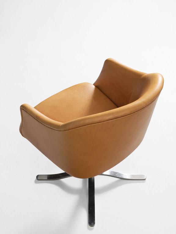 Set of Four Reupholstered Swivel Bucket Chairs in Cognac Leather For