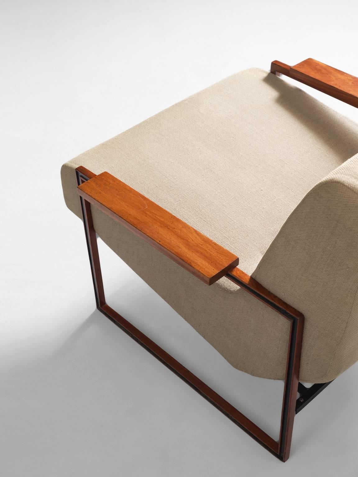 Metal Percival Lafer Lounge Chair in Mahogany and Fabric Upholstery