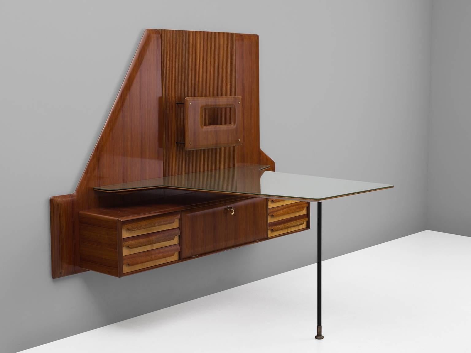 Wall-unit, mahogany and brass, by Gio Ponti, Italy, 1950s. 

Wall console in different sorts of wood, attributed to Italian designer Gio Ponti. Rare wall-mounted desk with glass top. Highly refined bar cabinet in both design and execution. Beautiful