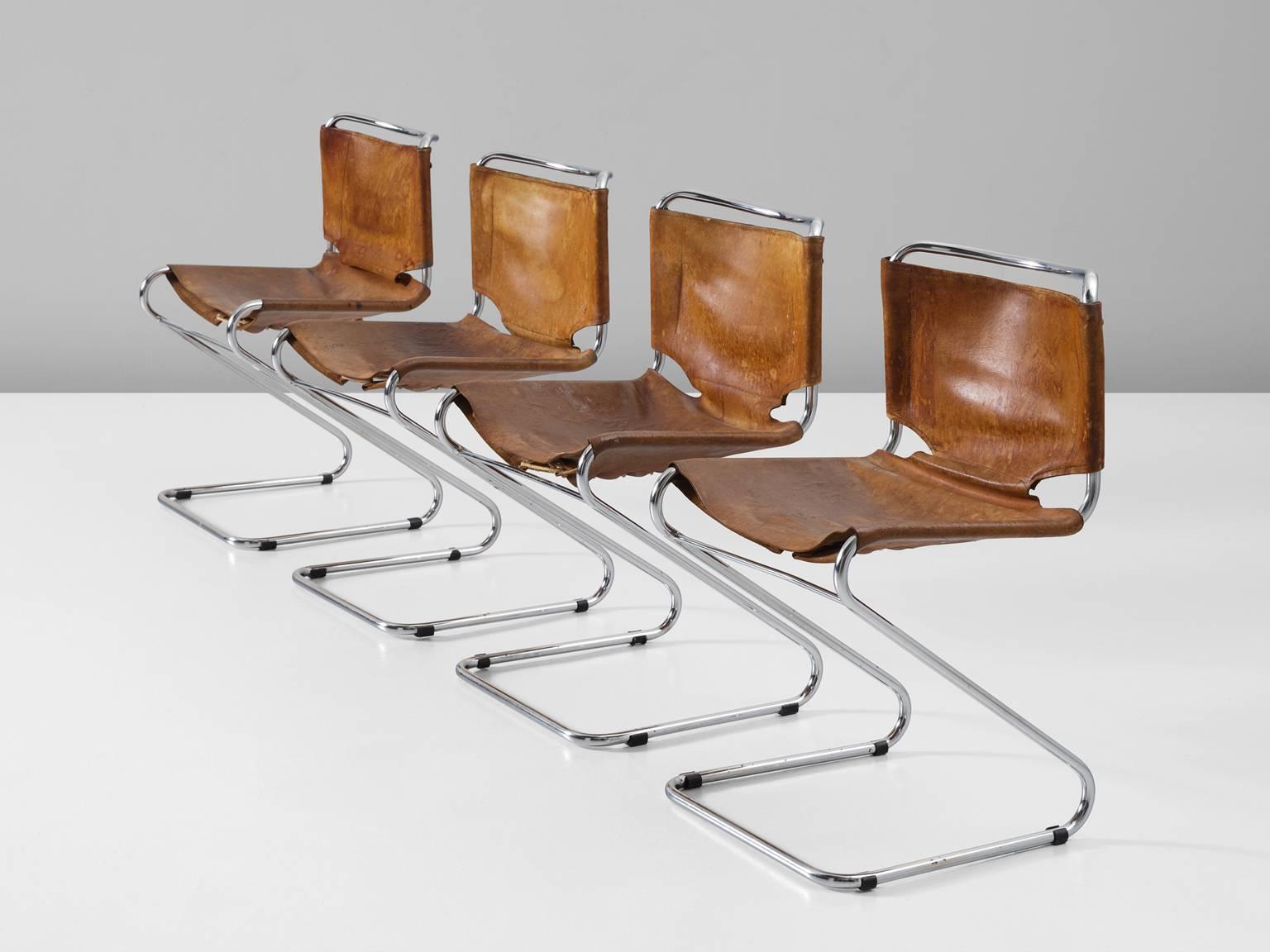 Mid-Century Modern Set of Four Tubular Dining Chairs with Patinated Cognac Leather Upholstery